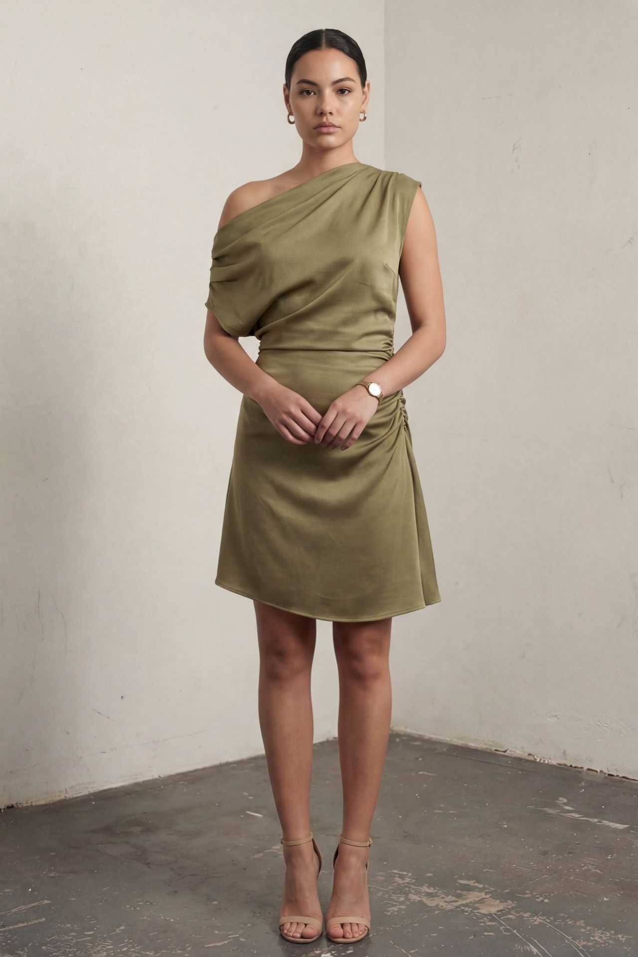 MY FASHION Asymmetrical Collar Mini Dress with Drape Detail 4