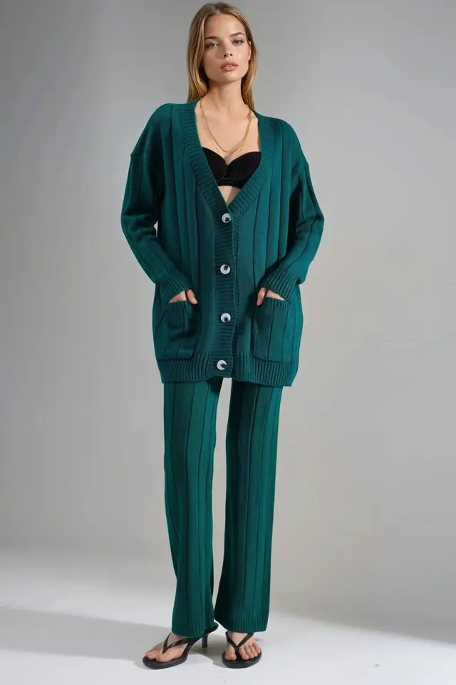 MY FASHION Textured Knit Co-ords with V-Neck Cardigan and Wide Leg Pants
