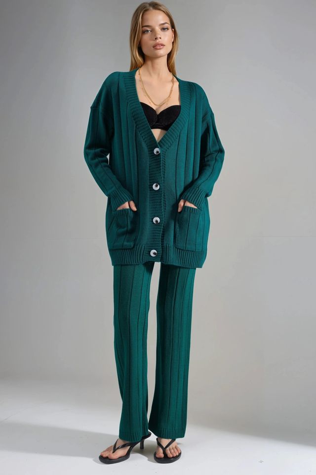 MY FASHION Textured Knit Co-ords with V-Neck Cardigan and Wide Leg Pants