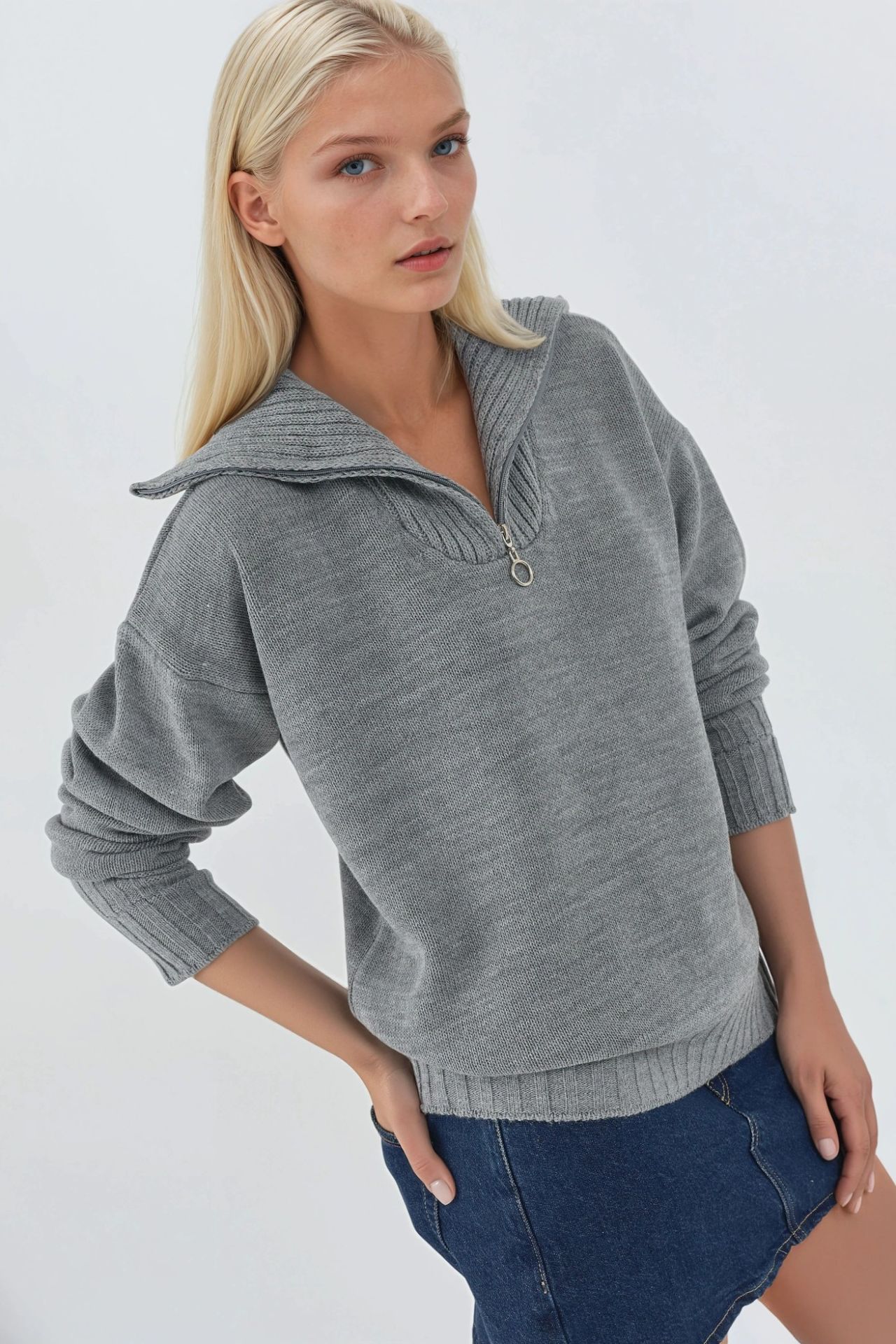 MY FASHION Oversized Ribbed Knit Sweater with Zipper Collar 3
