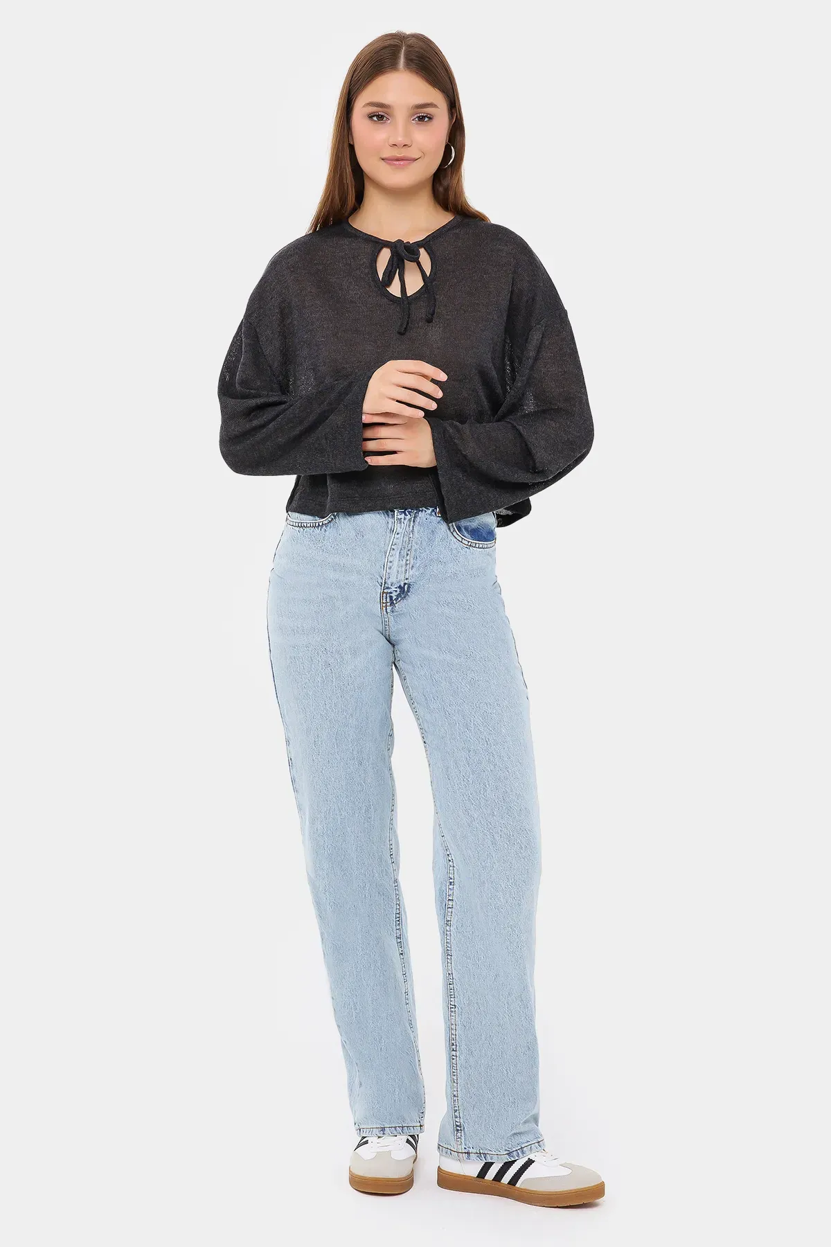 Knitted Loose Fit Round Neck Blouse with Tie-Up Detail 1