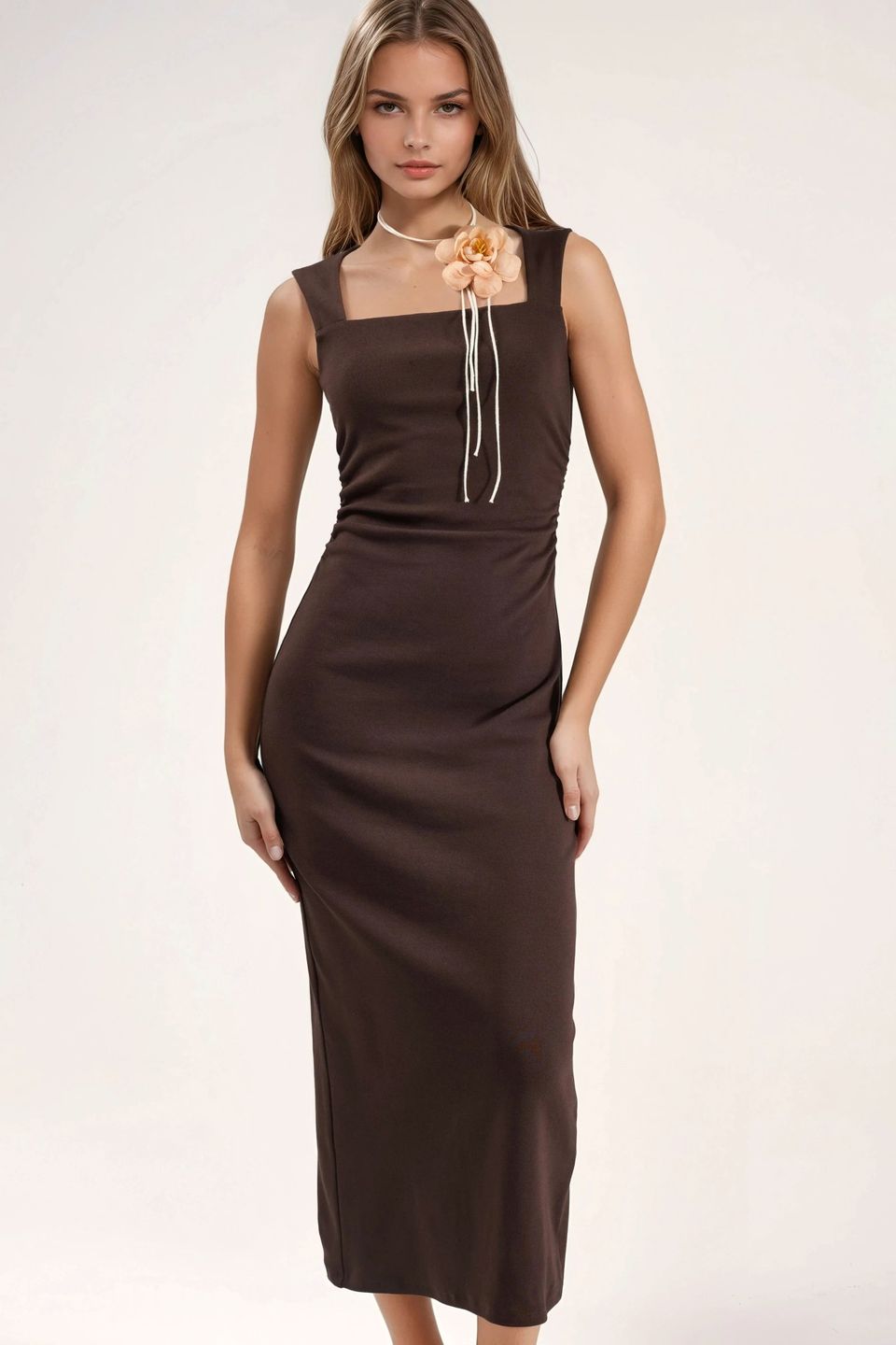 brown bubble skirt dress Mikayla Square Neck Mini Dress in Navy and Mustard Check main image 1
