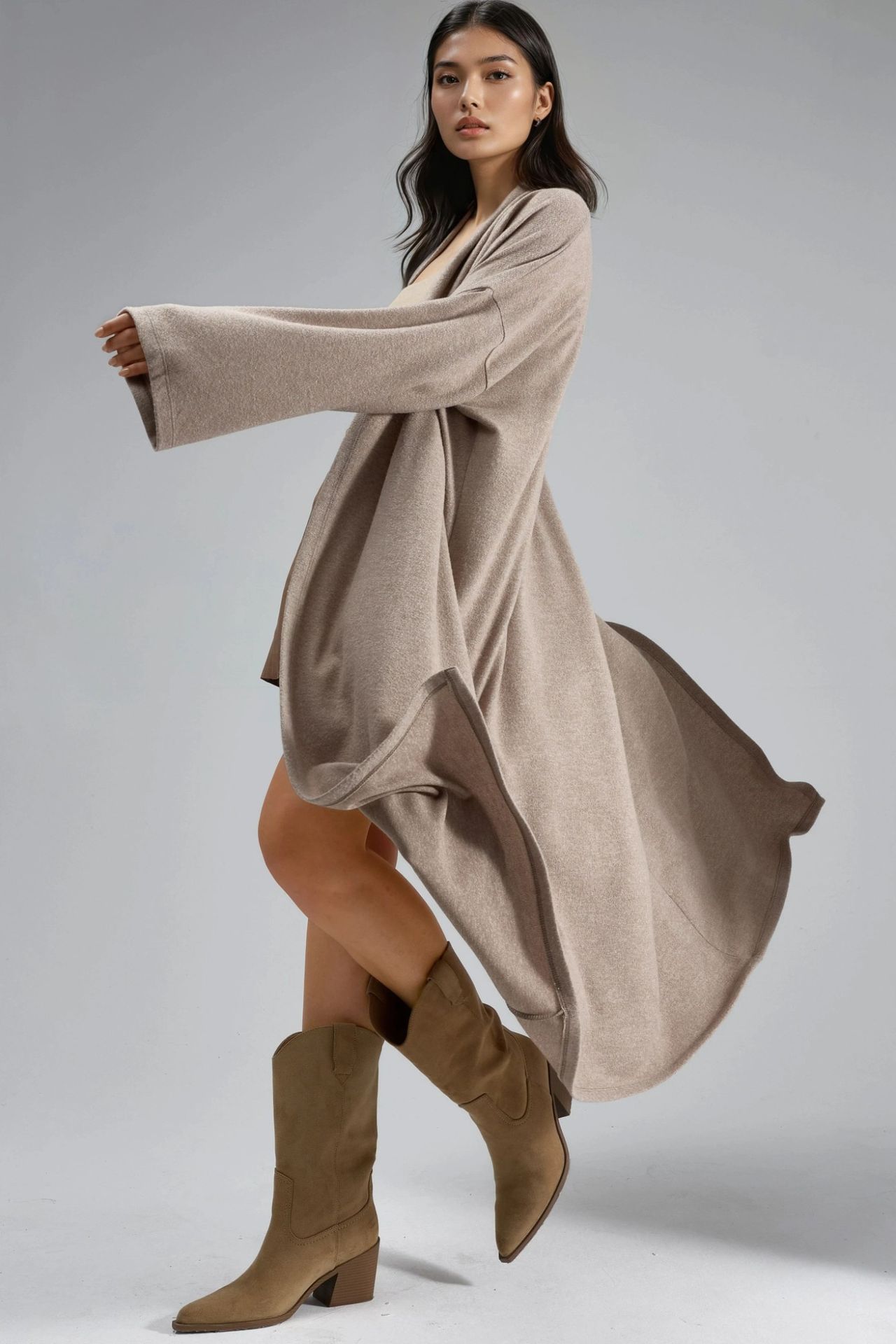BUSEM Relaxed Fit Longline Open-Front Shawl Collar Knit Cardigan