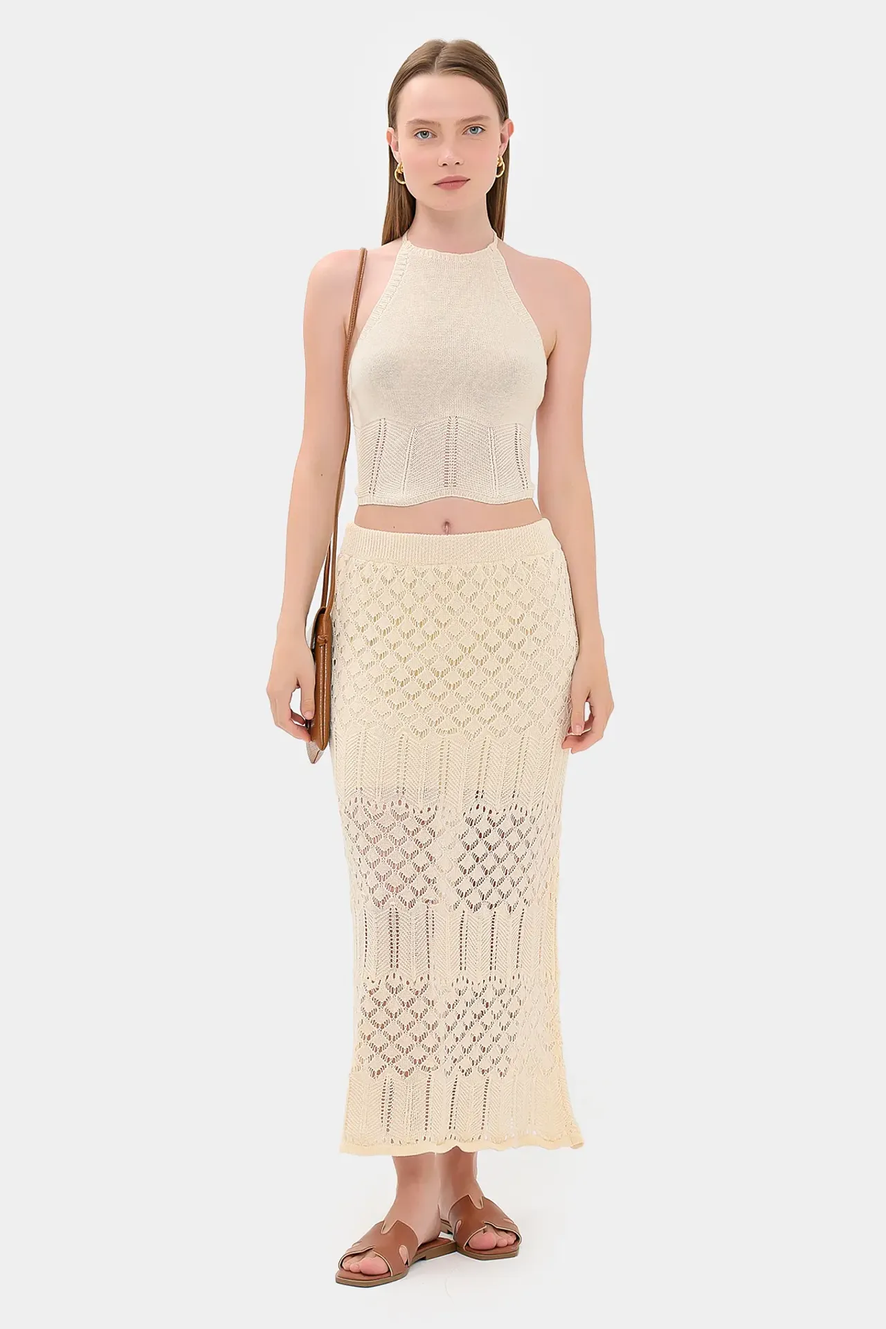 2 Pieces: High Neck Crochet Sleeveless Crop top & High Waist Crochet Maxi Skirt