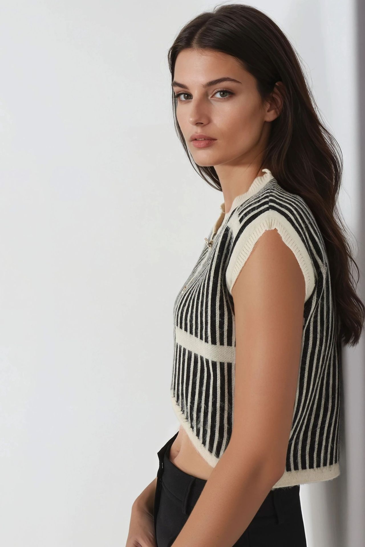 MY FASHION Striped Ribbed Knit Crop Top with Button Closure 2
