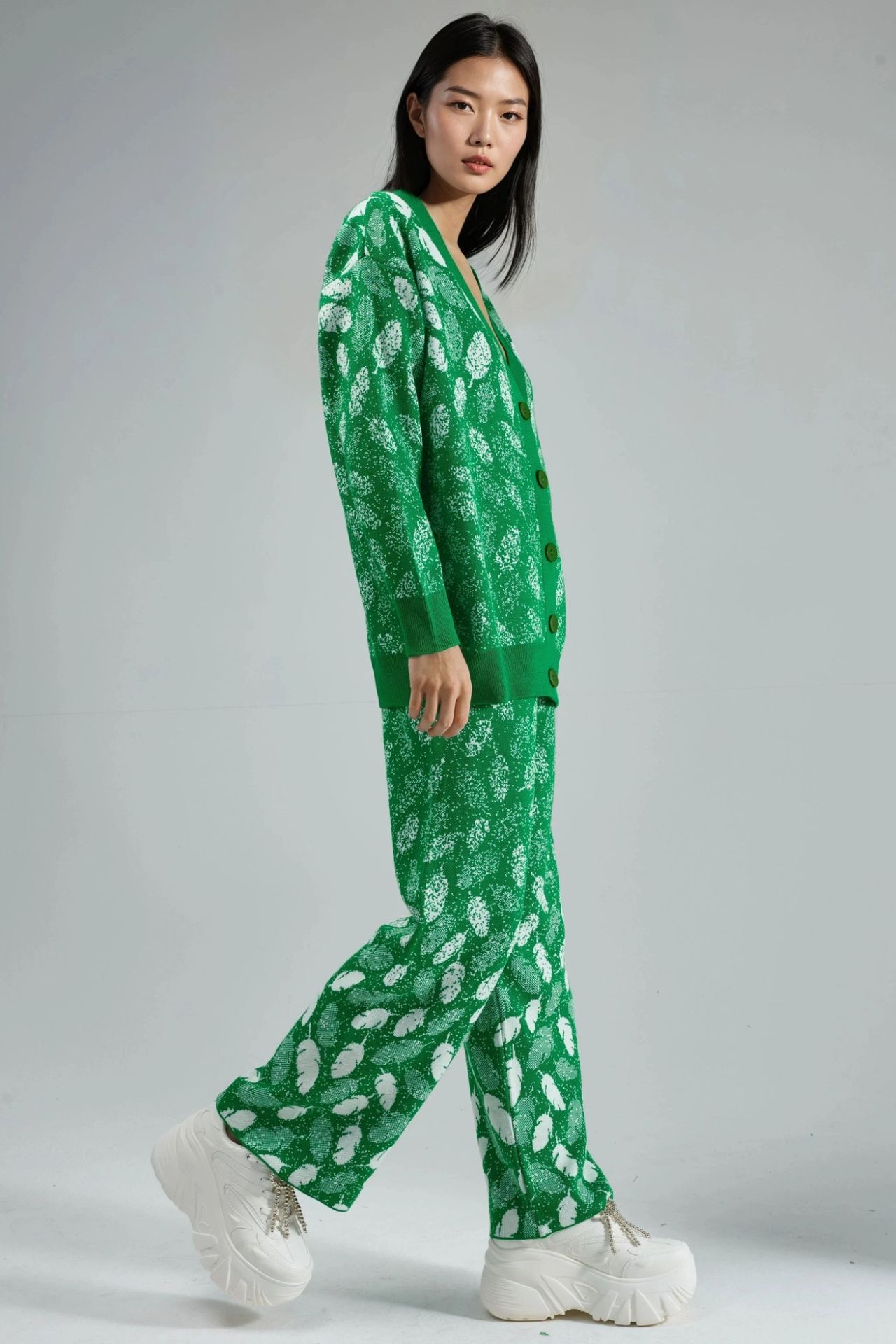 MY FASHION V-Neck Jacquard Knit Cardigan and Wide Leg Pants Set 4