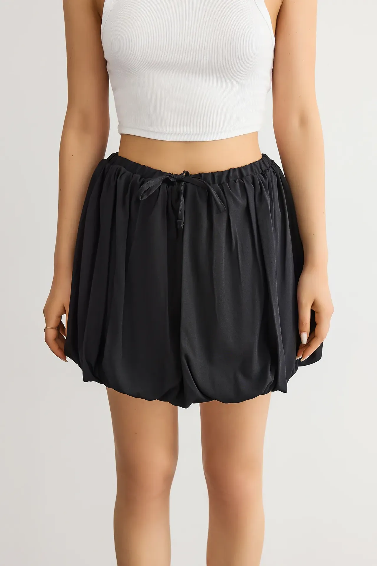 Pleated Satin Balloon Skirt with Drawstring