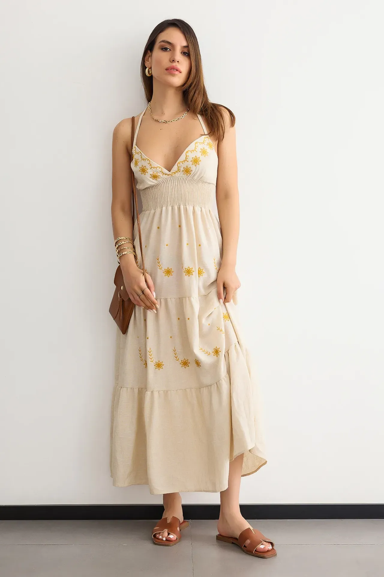 Embroidered Sleeveless Maxi Dress with Smocked Details