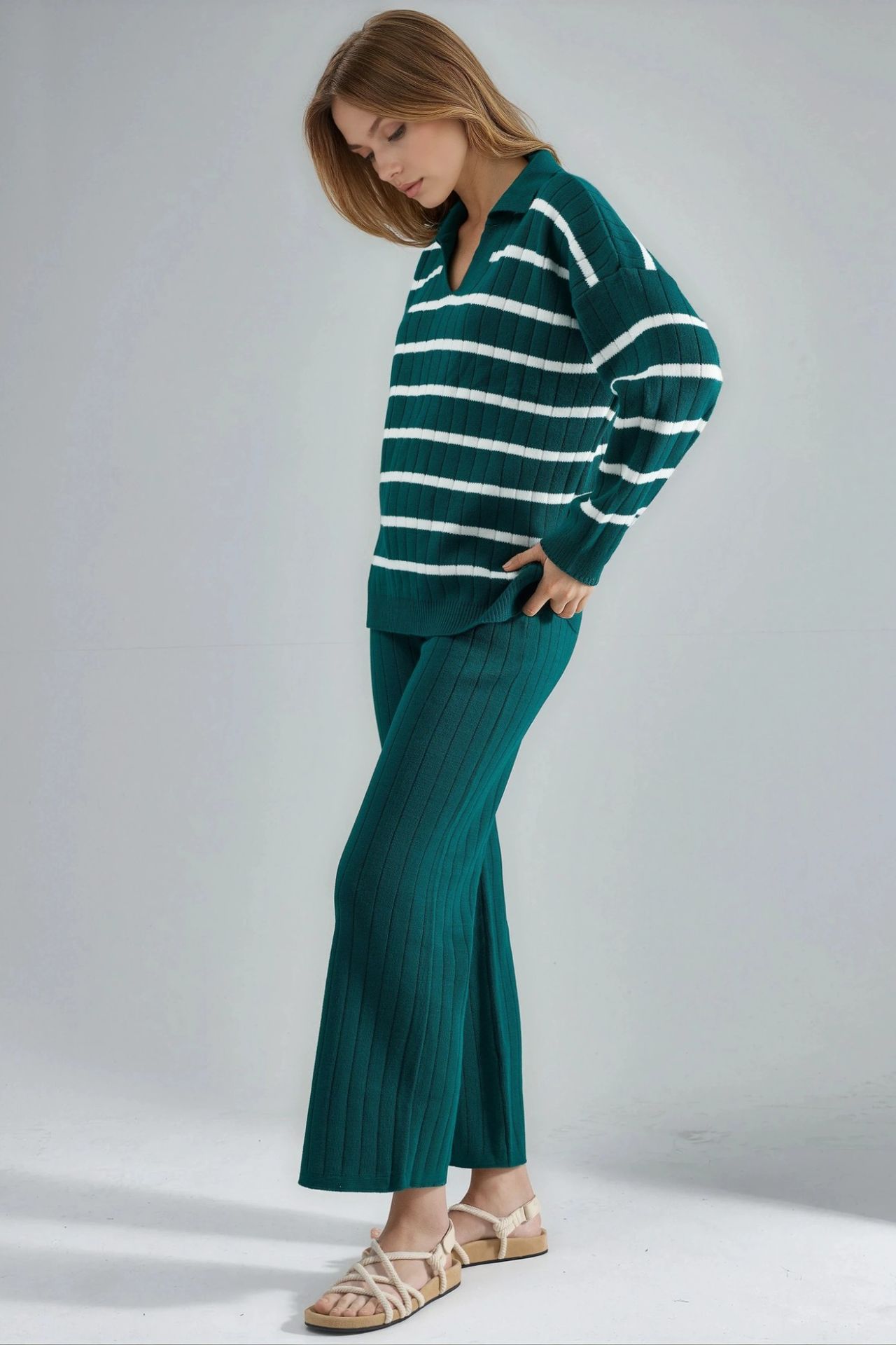 MY FASHION Striped Knit Co-ord Set with Polo Collar 2