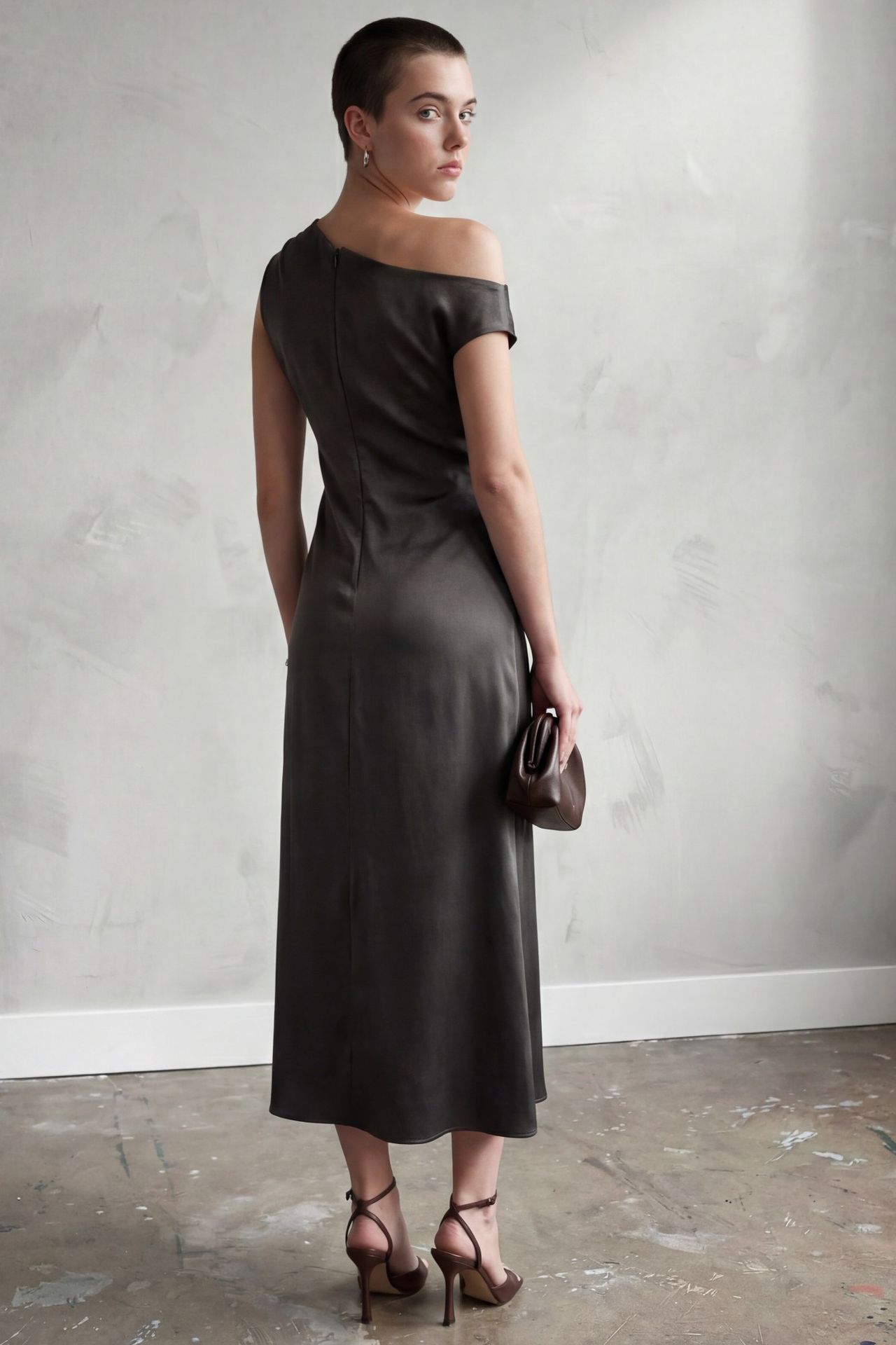 MY FASHION Asymmetrical Off Shoulder Satin Maxi Dress 3