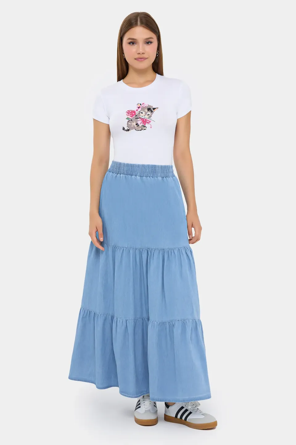Denim-Look Maxi Skirt with Tiered Elastic Waist