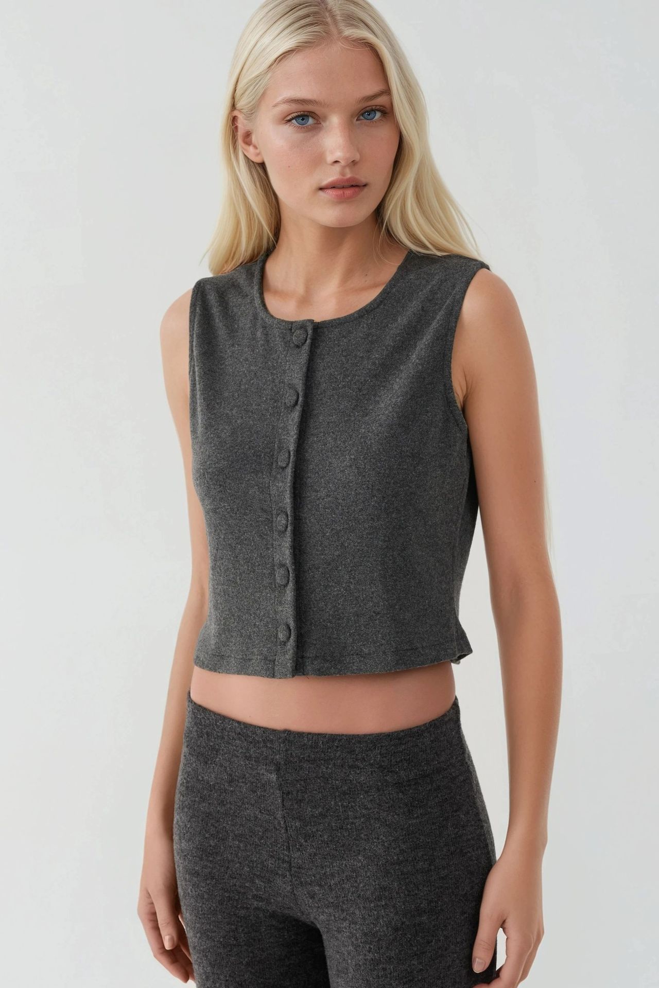 Textured Crew Neck Sleeveless Waistcoat with Button Detail 6