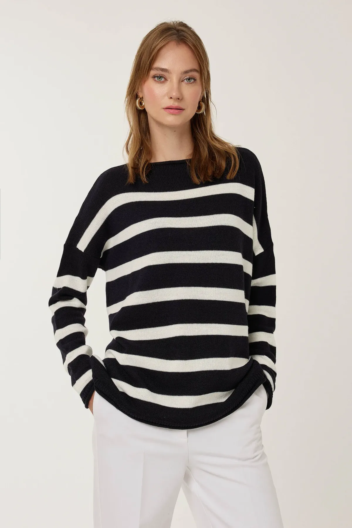 Striped Boat Neck Ribbed Knit Sweater 1