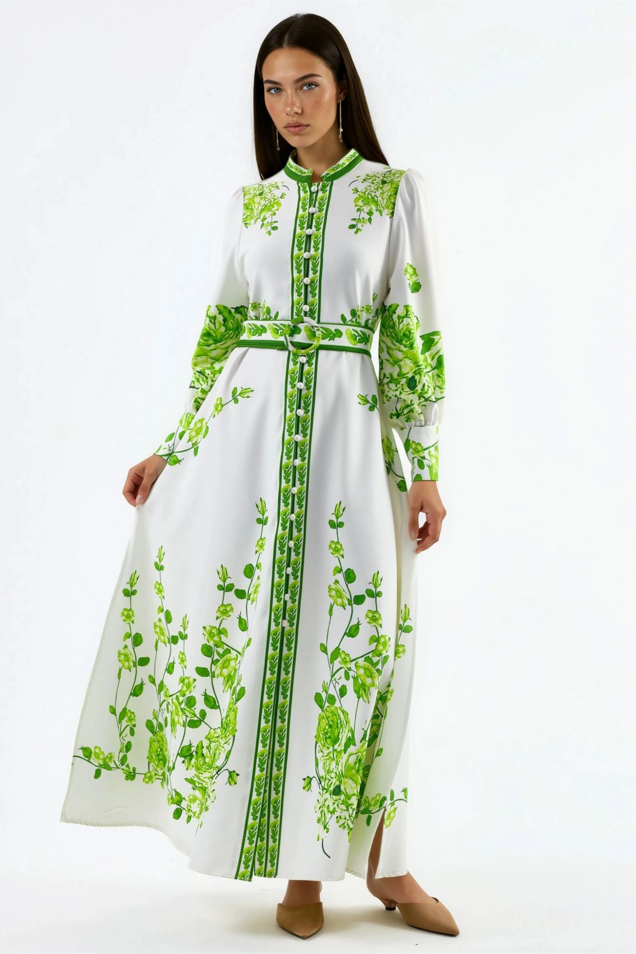 MSN Floral Long Sleeve Belted Maxi Dress with Mandarin Collar 1