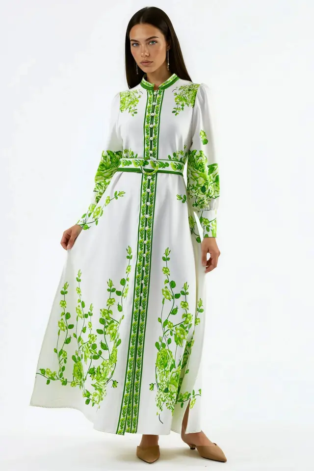 MSN Floral Long Sleeve Belted Maxi Dress with Mandarin Collar