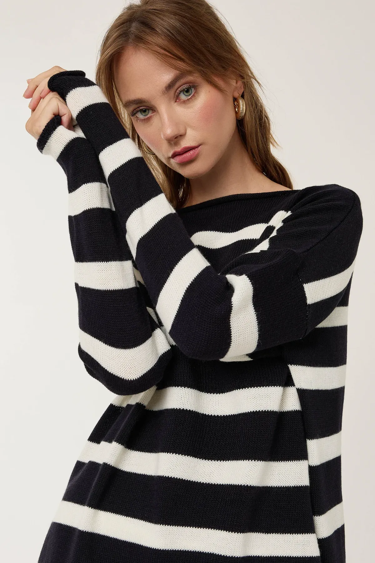 Striped Boat Neck Ribbed Knit Sweater 2