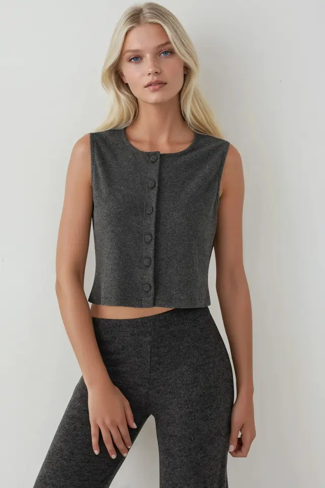 Textured Crew Neck Sleeveless Waistcoat with Button Detail