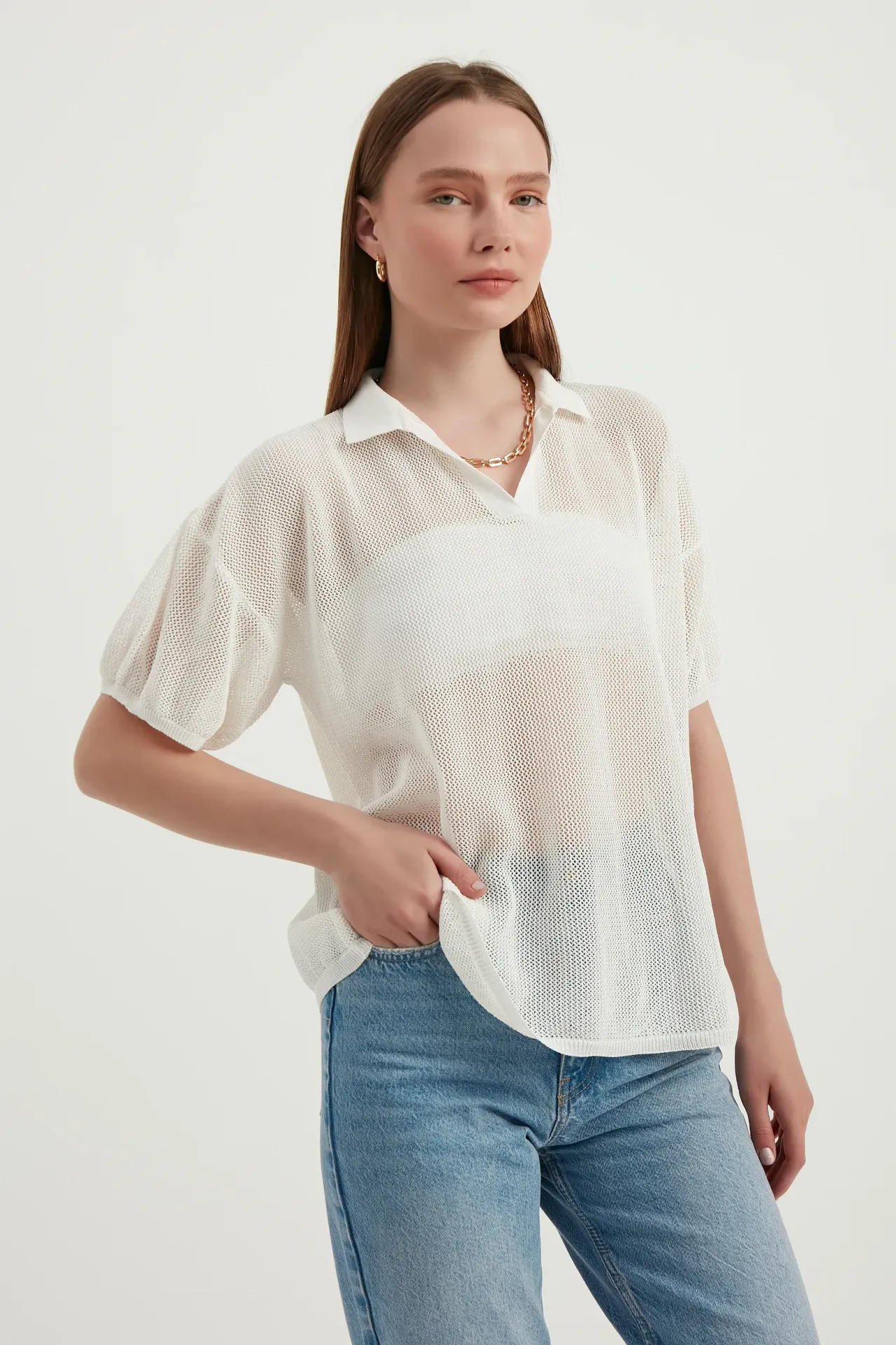 Polo Collar Mesh Textured Short Sleeve