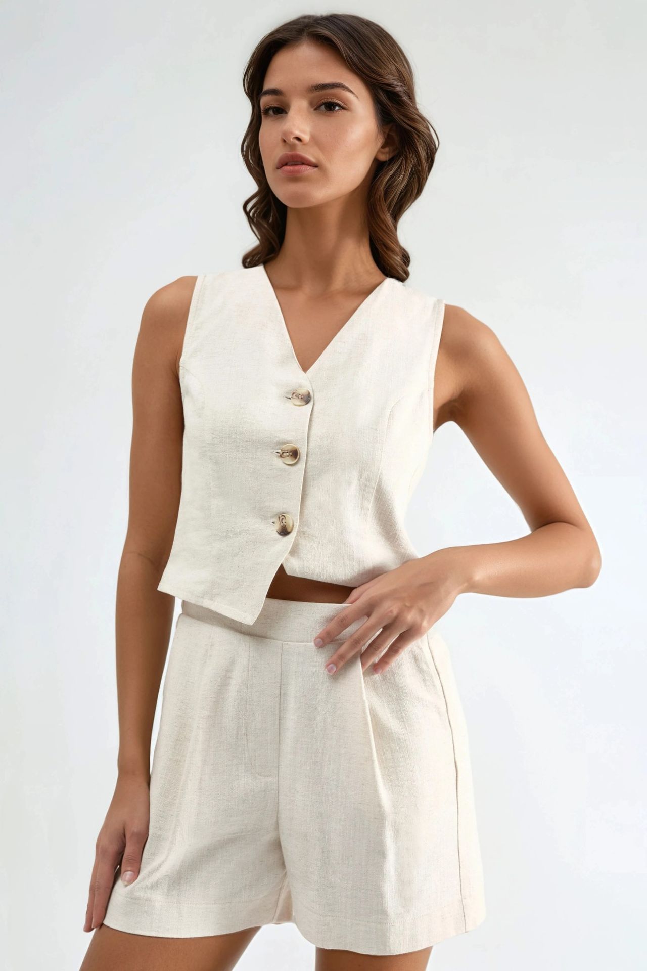 Linen Blend Vest & Shorts Two-Piece Set 6