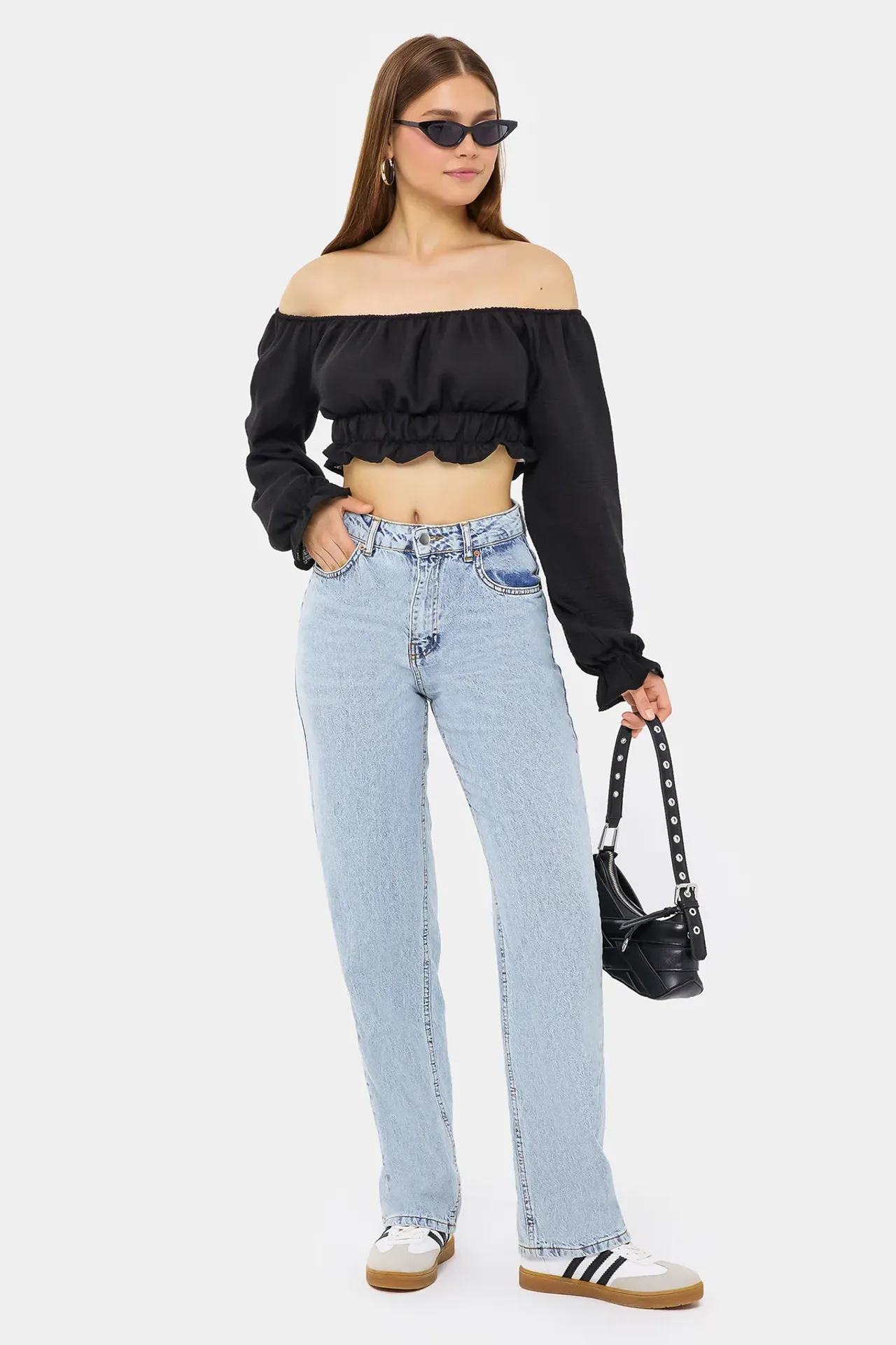 Off-Shoulder Linen Cropped Top with Long Sleeves and Ruffle Detail