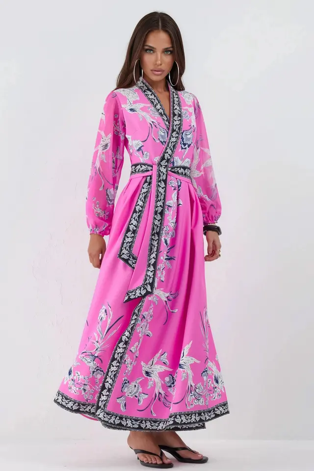 MSN Floral V-Neck Maxi Wrap Dress with Belt