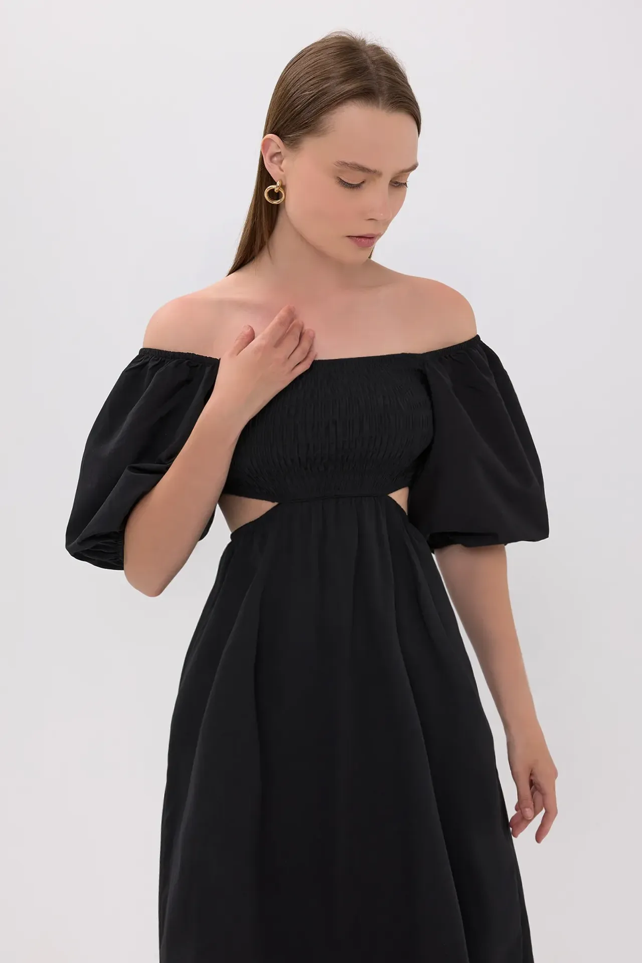 Cotton Square-Neck Midi Dress with Waist Detail