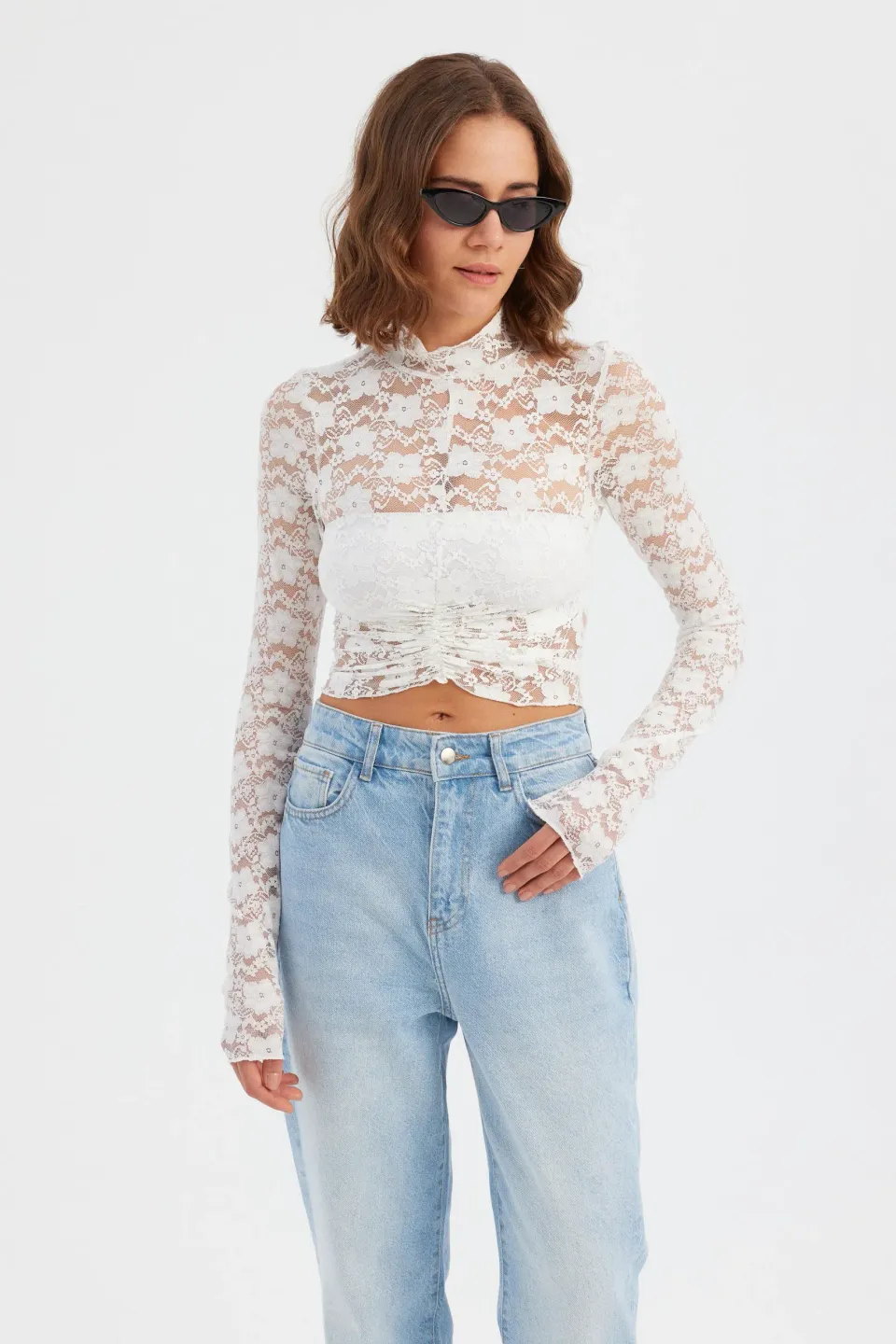 Floral Lace High Neck Long Sleeve Cropped Top