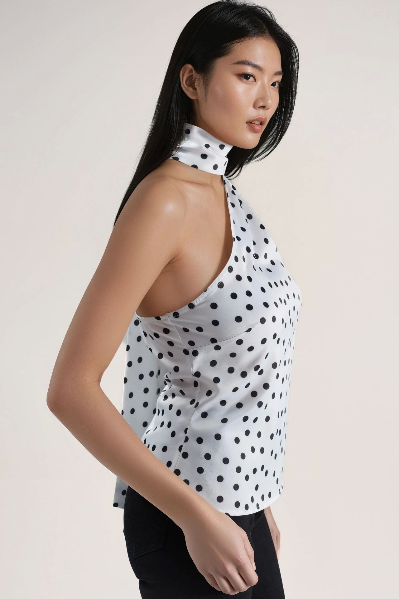 Asymmetrical Collar Polka Dot Satin Blouse 6