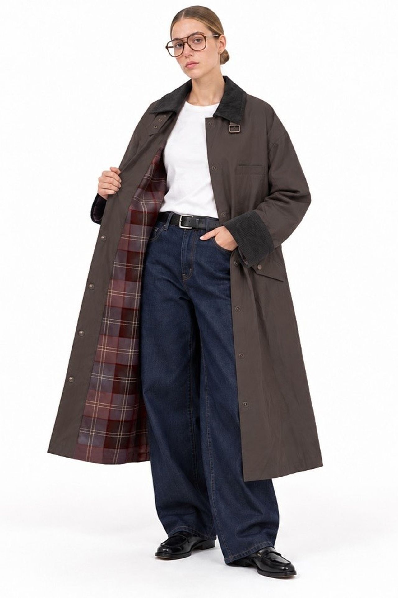 Oversize Kadife Yakalı Ekose Astarlı Uzun Trençkot 1