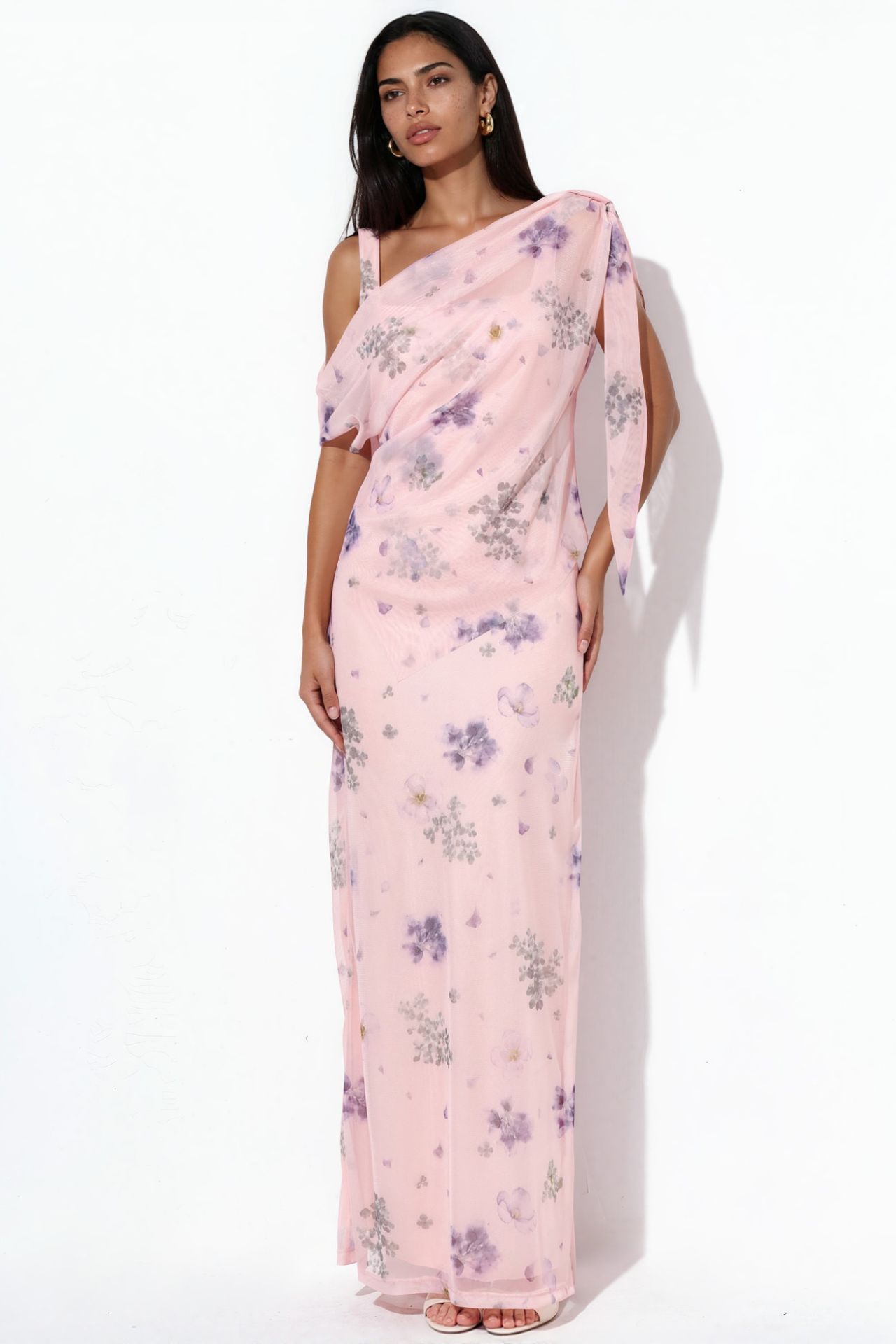 Patterned Tulle Draped Maxi Dress 1