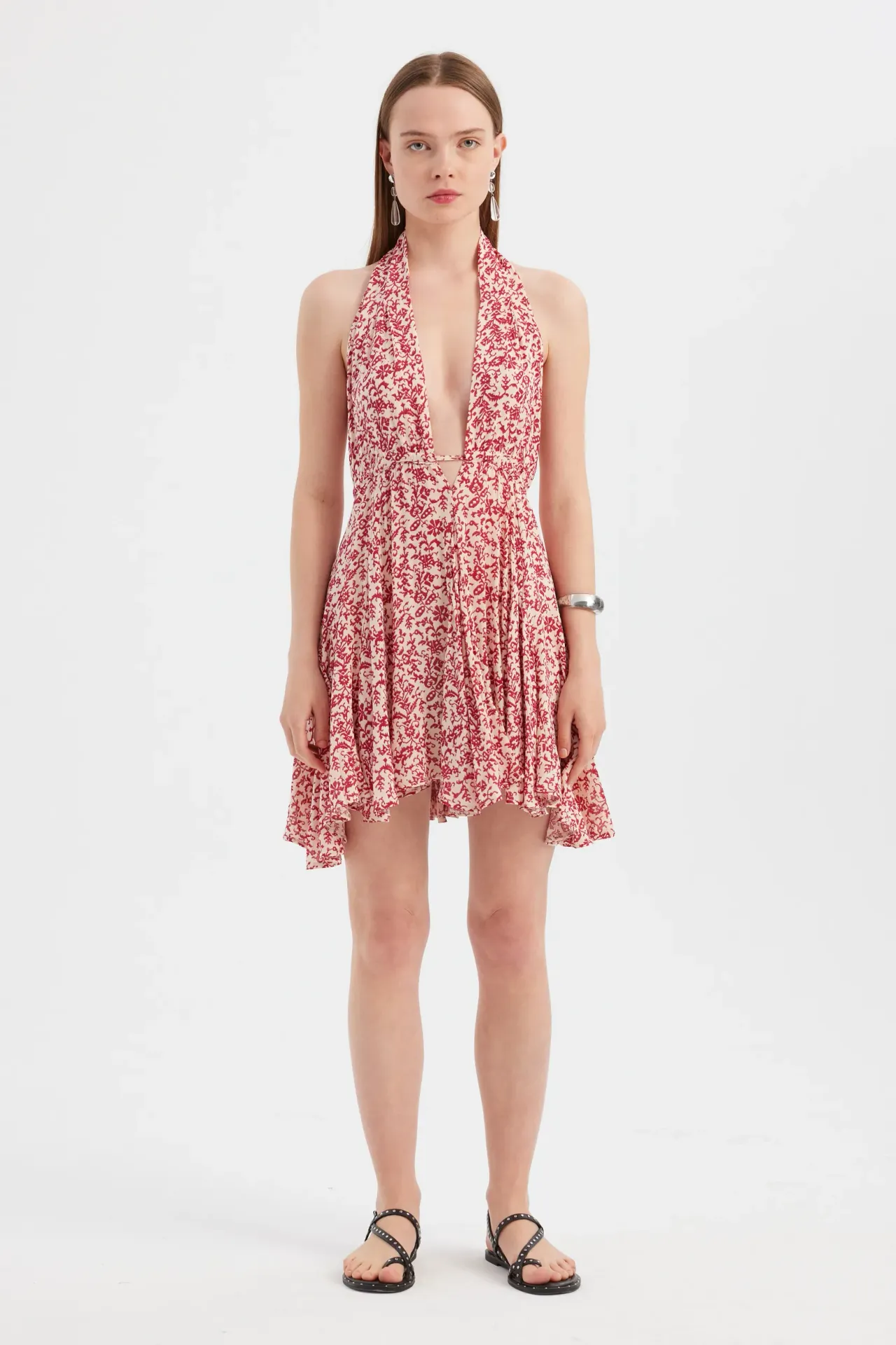 Floral Plunge Neck Backless Mini Dress