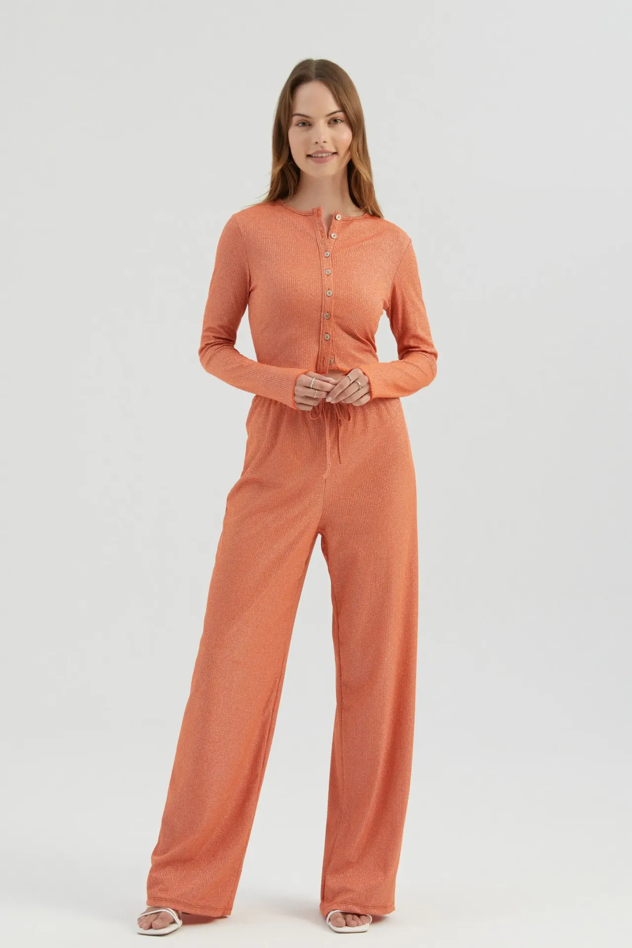 Solid High Waist Drawstring Straight Leg Pajama Bottom