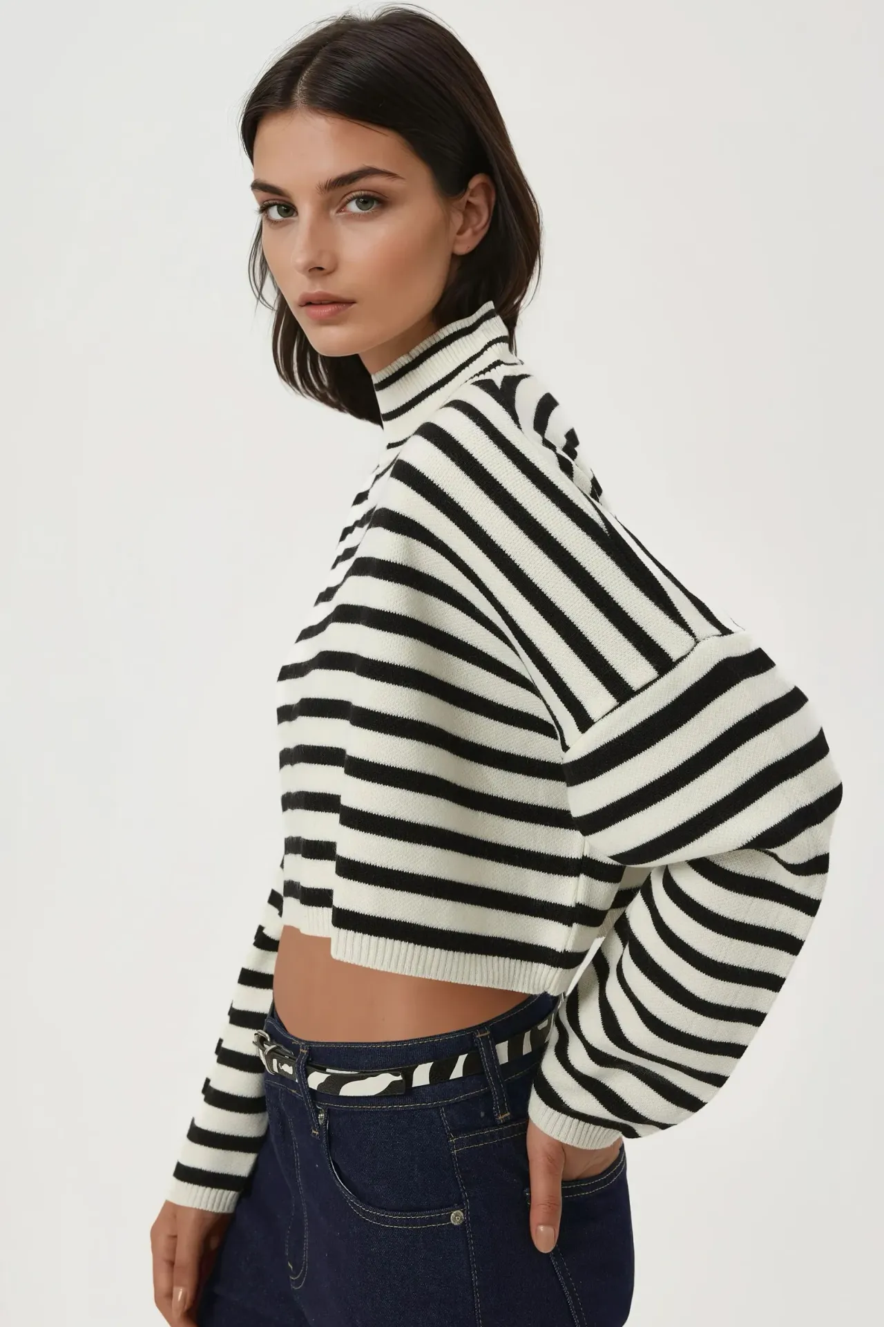 Striped Cropped Oversized Turtleneck Sweater 5