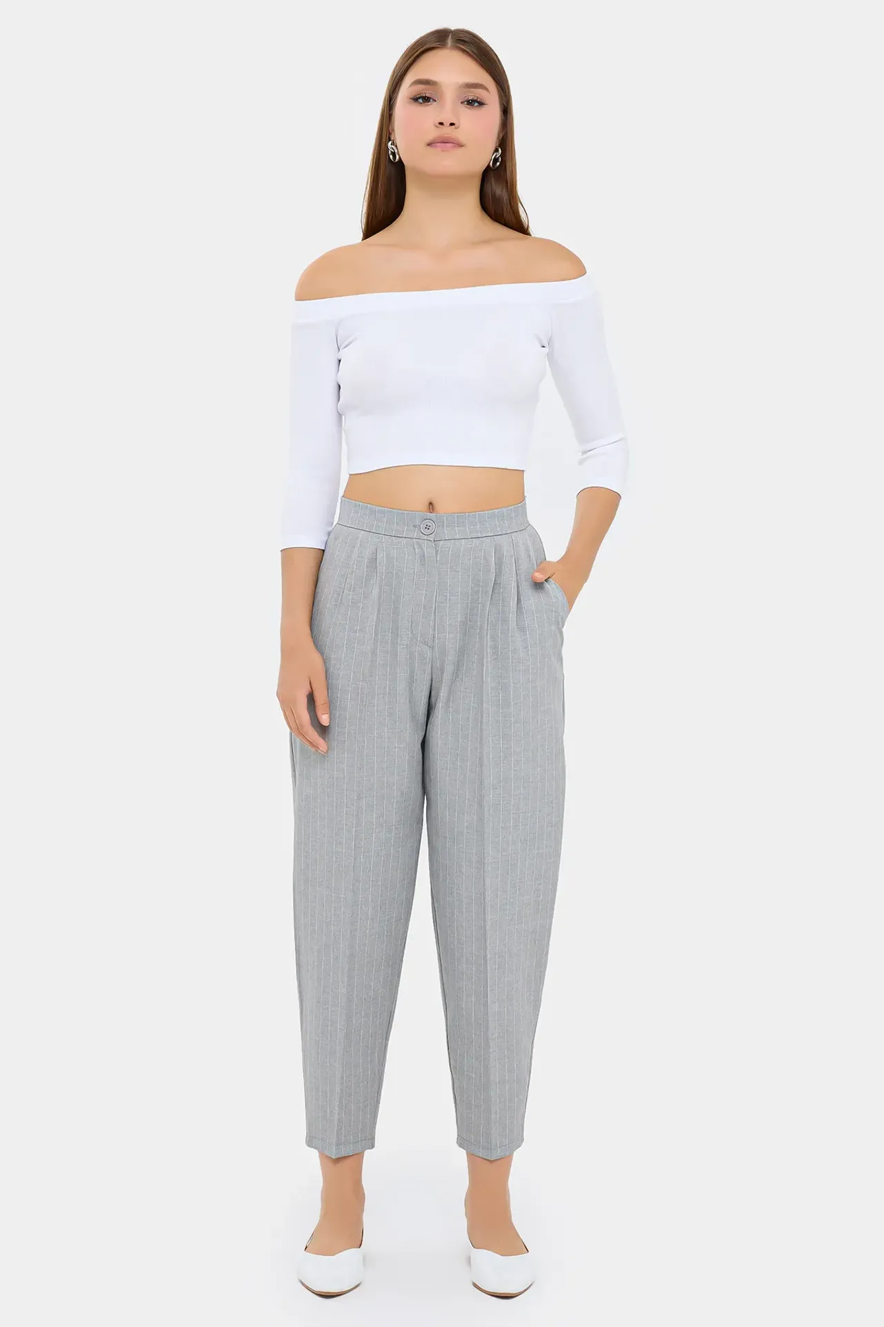 High-Waist Striped Carrot Trousers 