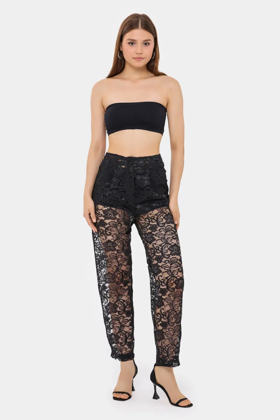 High-Waist Lace Trousers with Mesh Detail