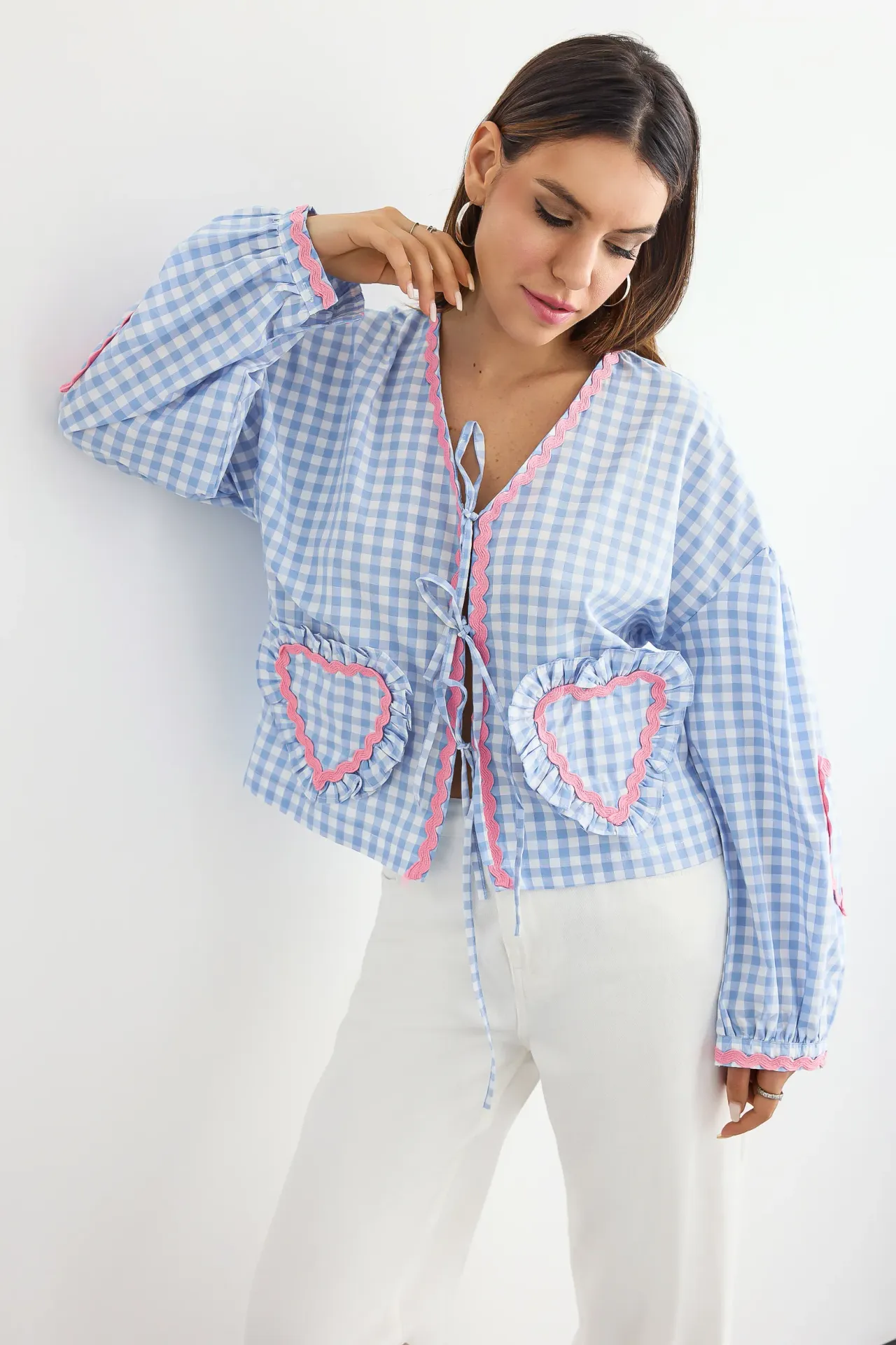 Checked V-Neck Tie-Front Blouse
