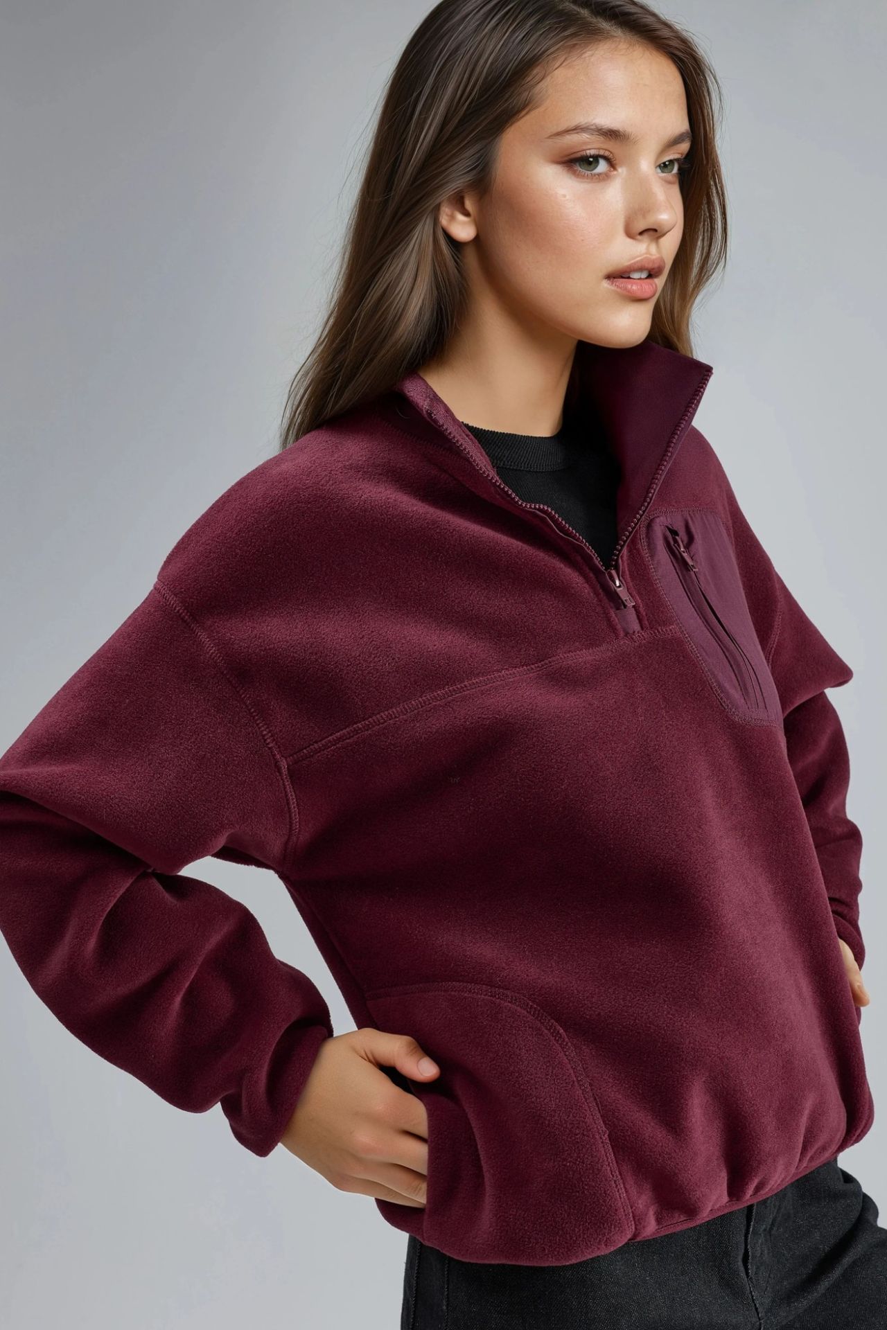 BUSEM Zipper Collar Plush Knit Sweatshirt with Pocket
