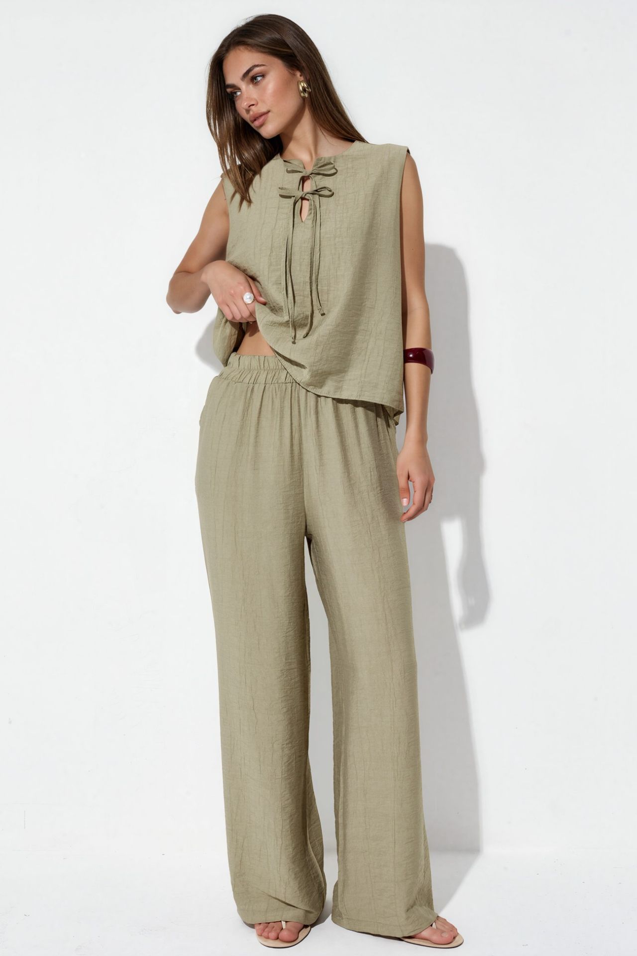 Viscose Blend Blouse with Tie Detail & Elastic Waist Pants Set 1