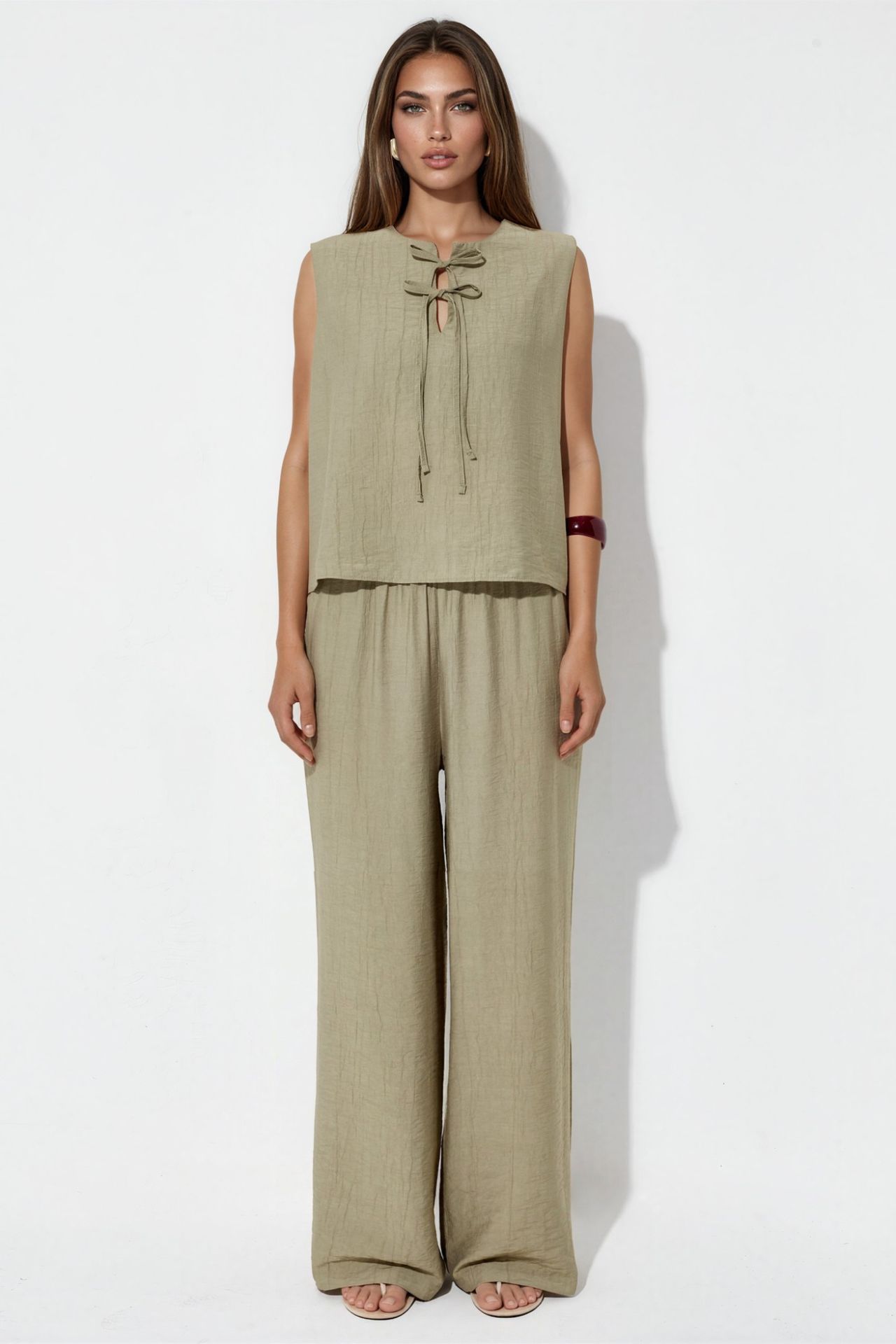Viscose Blend Blouse with Tie Detail & Elastic Waist Pants Set 5