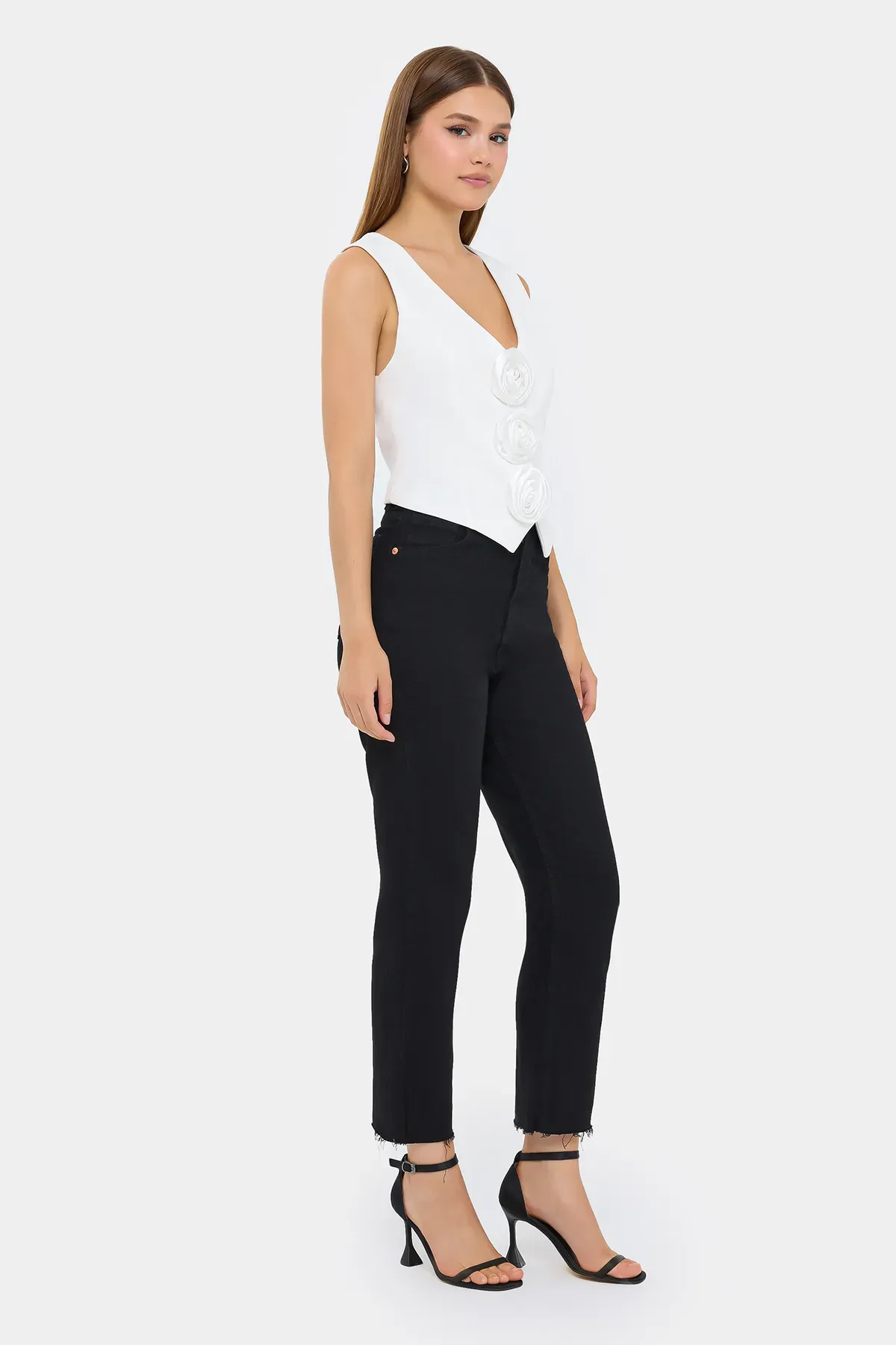 Tailored Sleeveless Cropped Waistcoat with Flower Detail 2