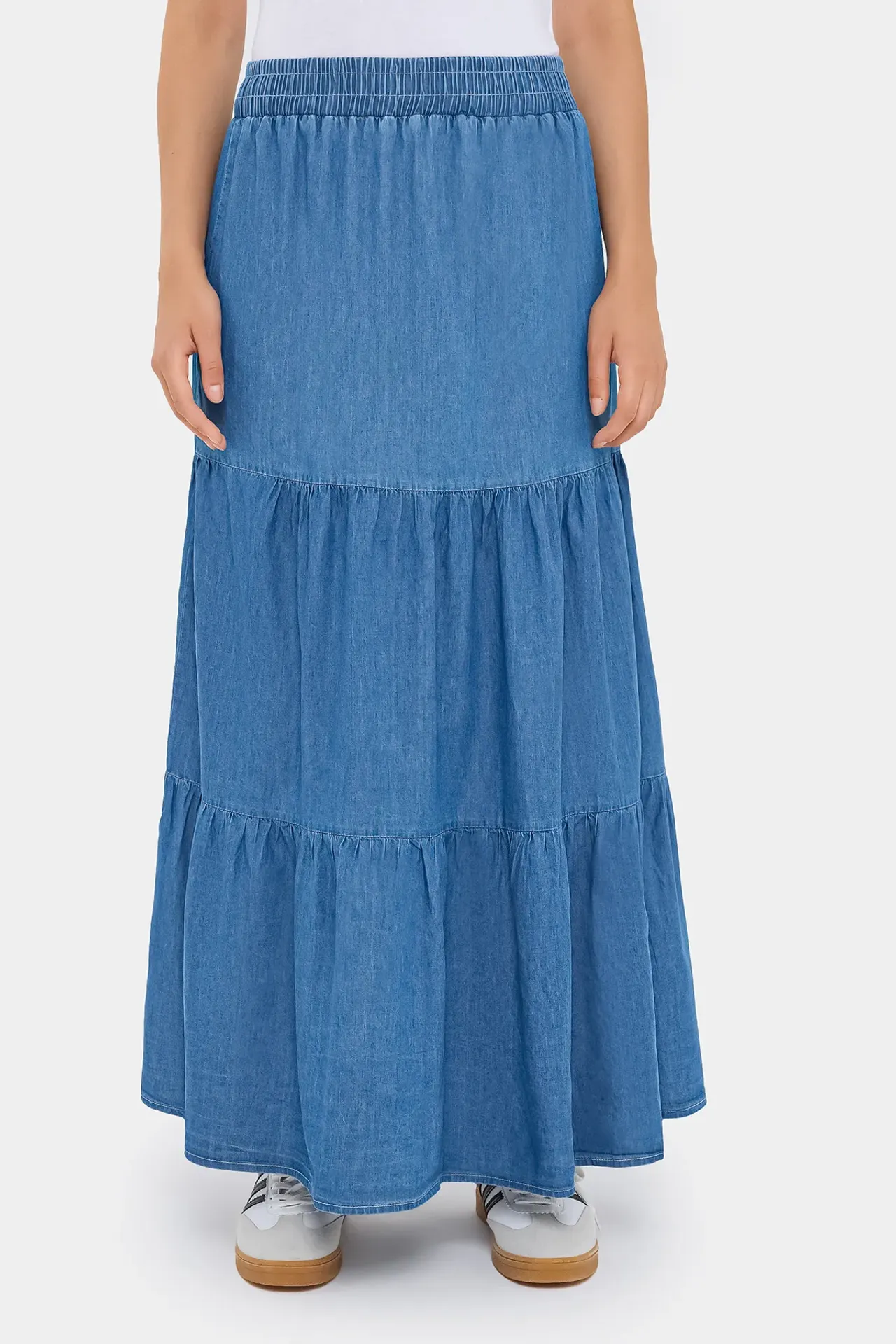 Denim-Look Maxi Skirt with Tiered Elastic Waist