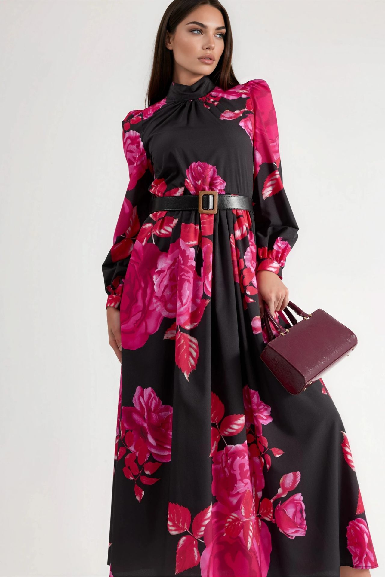 MSN Floral Belted Maxi Dress with Half Turtleneck 5