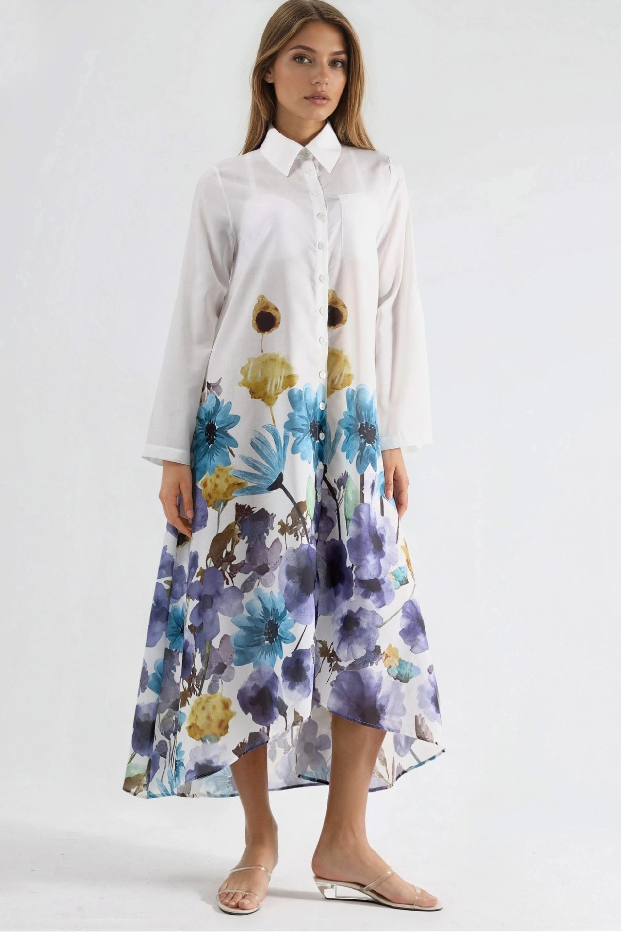 MSN Floral Maxi Dress with Shirt Collar and Button Closure 1