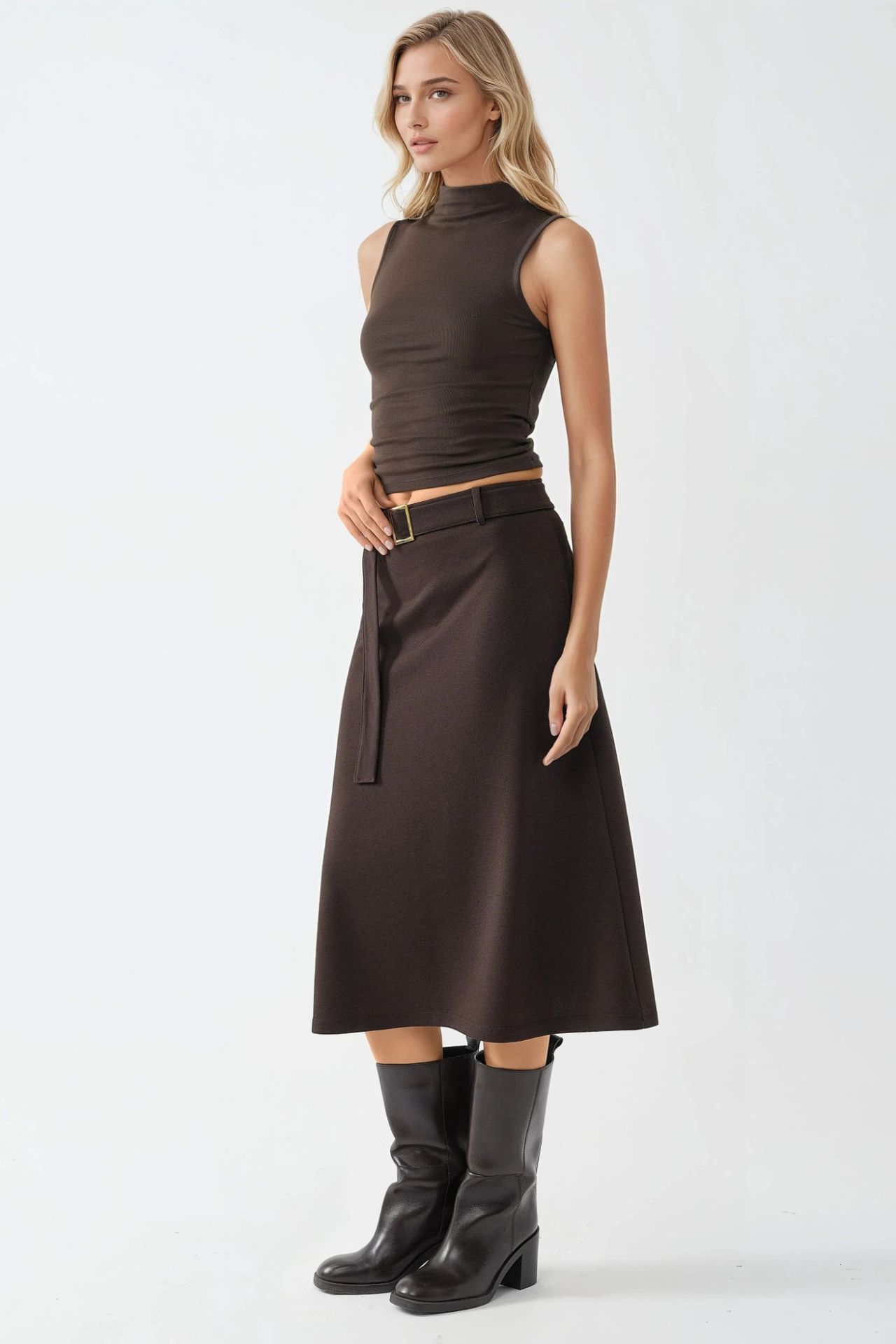 BUSEM High Waist Midi Skirt with Arched Detail 2