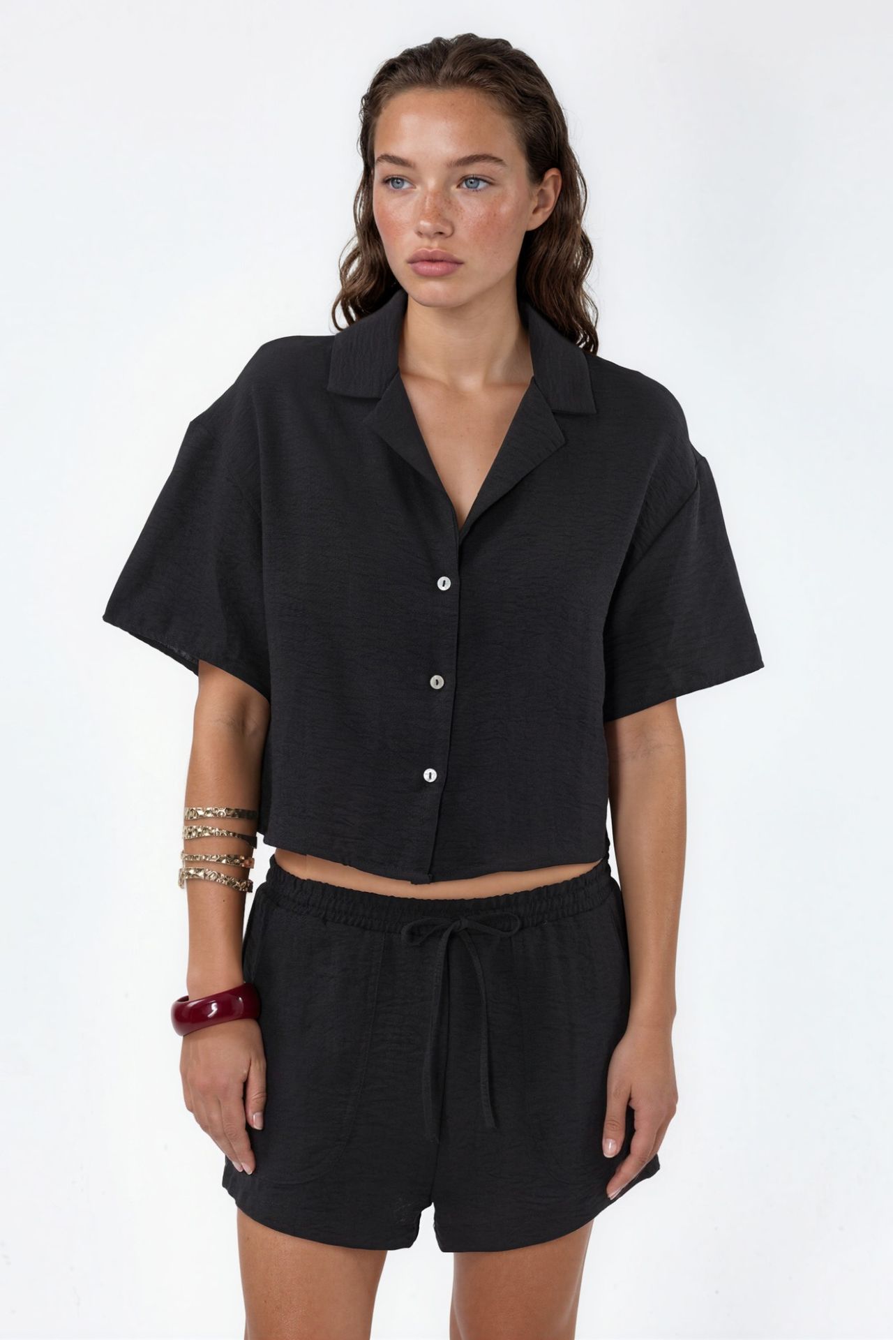 BUSEM Textured Crop Shirt with Button Closure 5