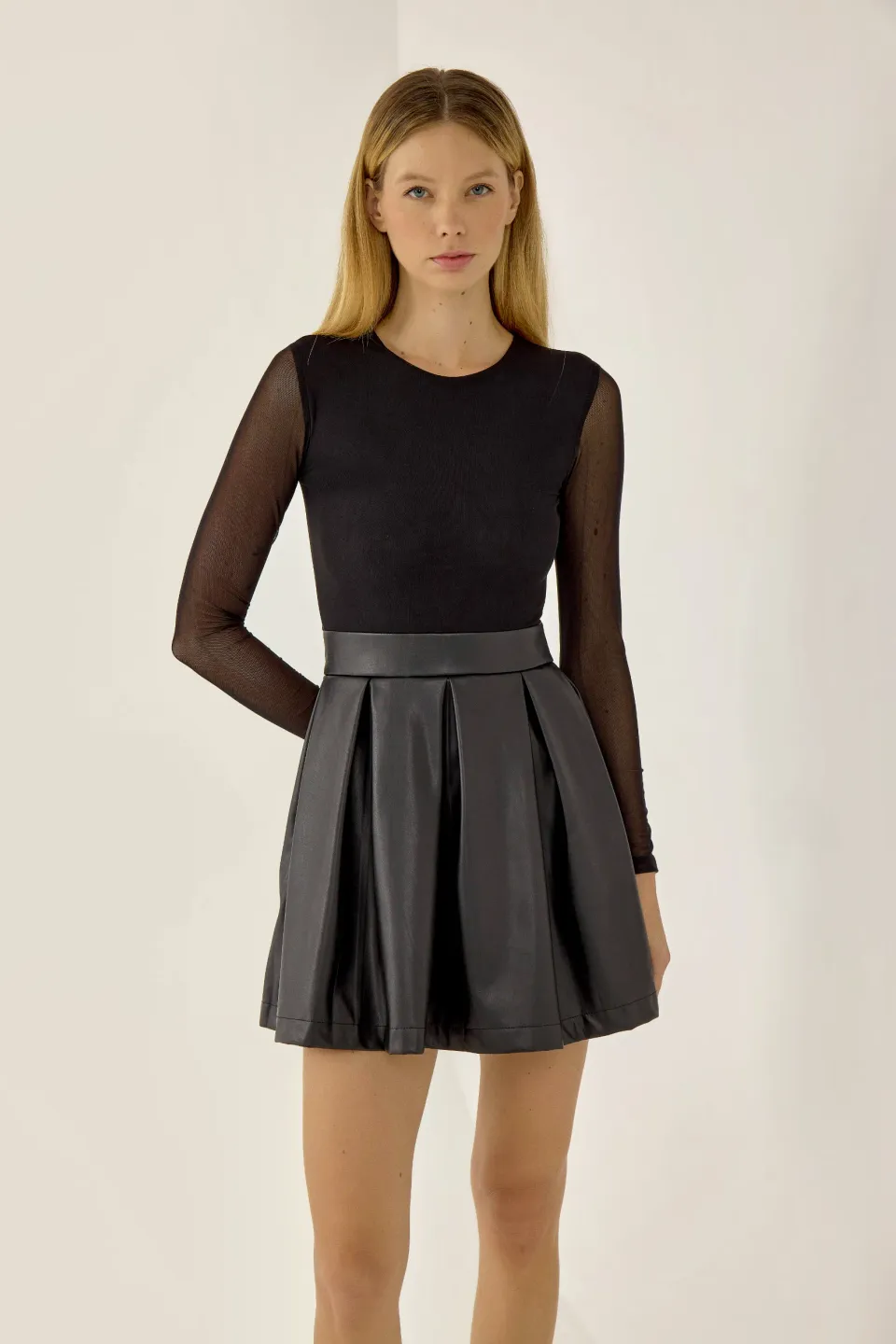  Mesh Body & Pleated PU Skirt Mini Dress