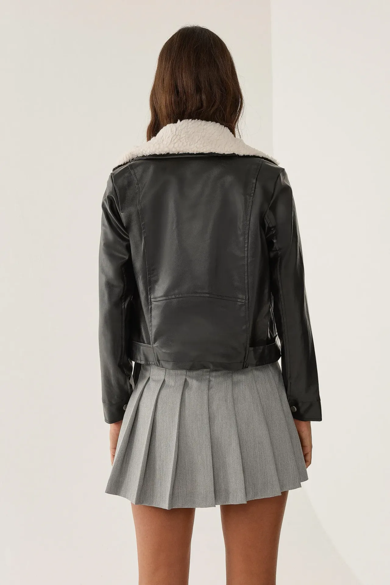 Faux Leather Faux Fur Collar Jacket