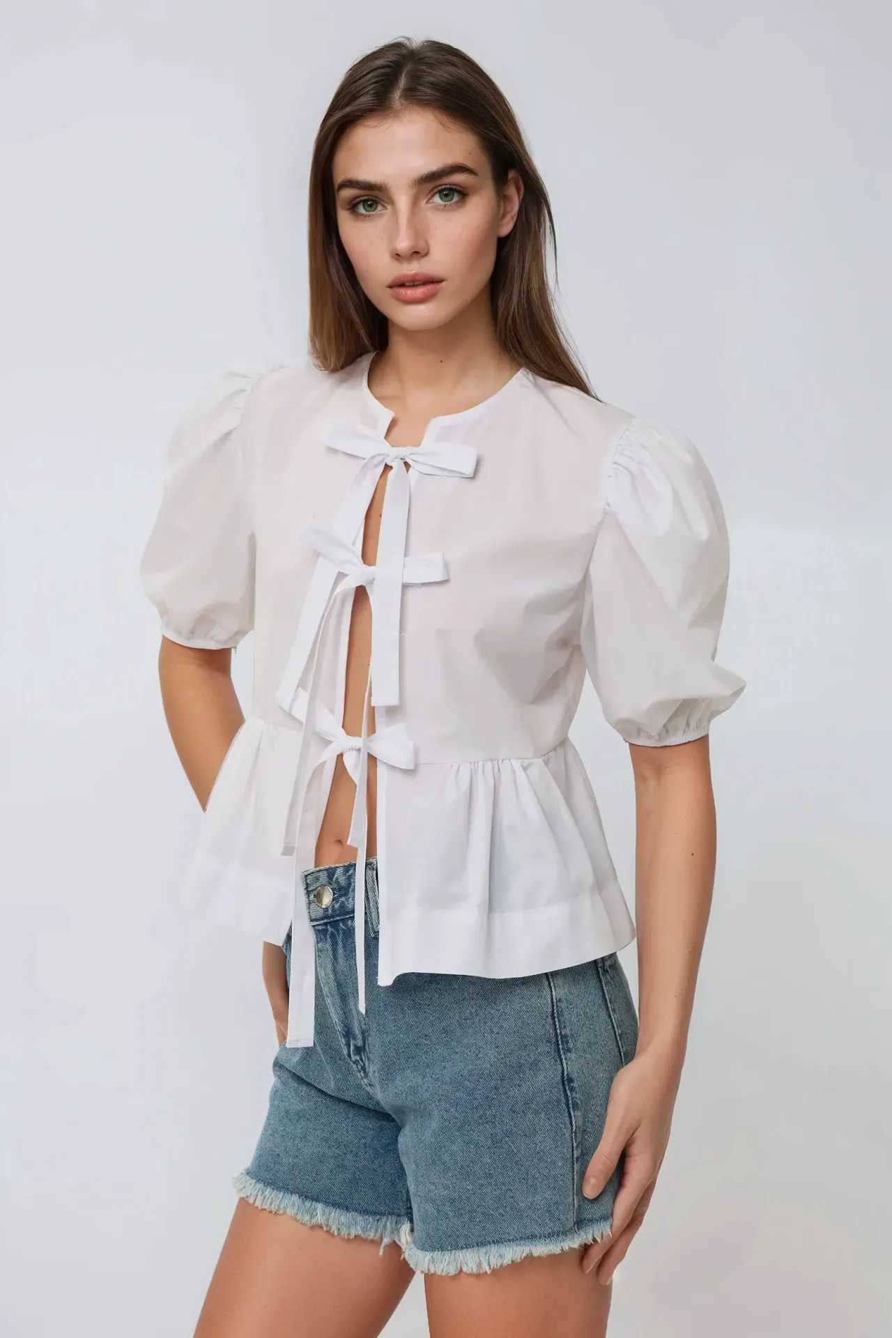 Cotton Crew Neck Blouse with Bow Detail