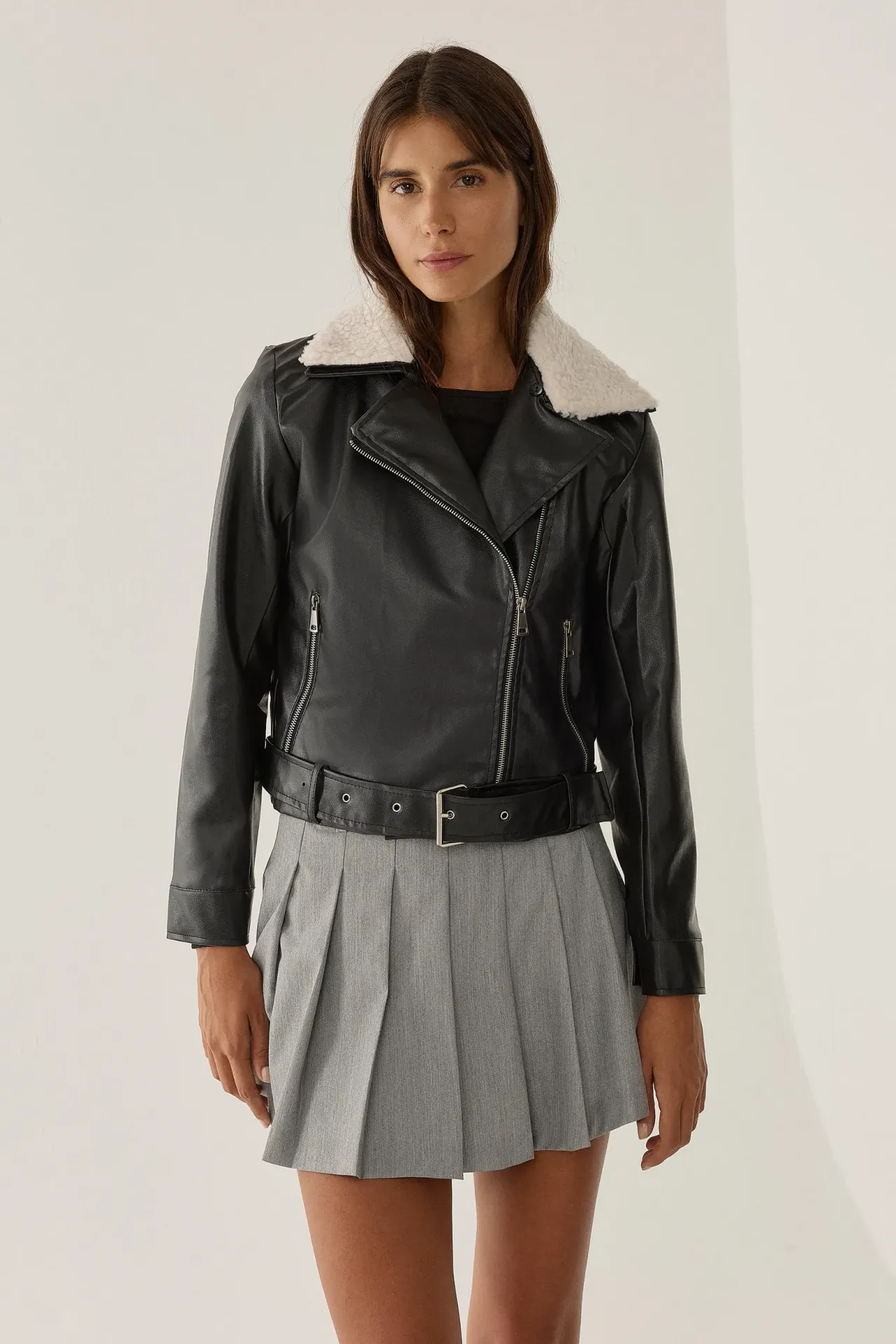 Faux Leather Faux Fur Collar Jacket