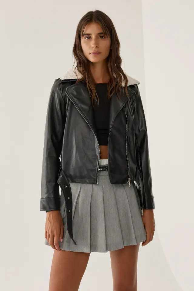 Faux Leather Faux Fur Collar Jacket